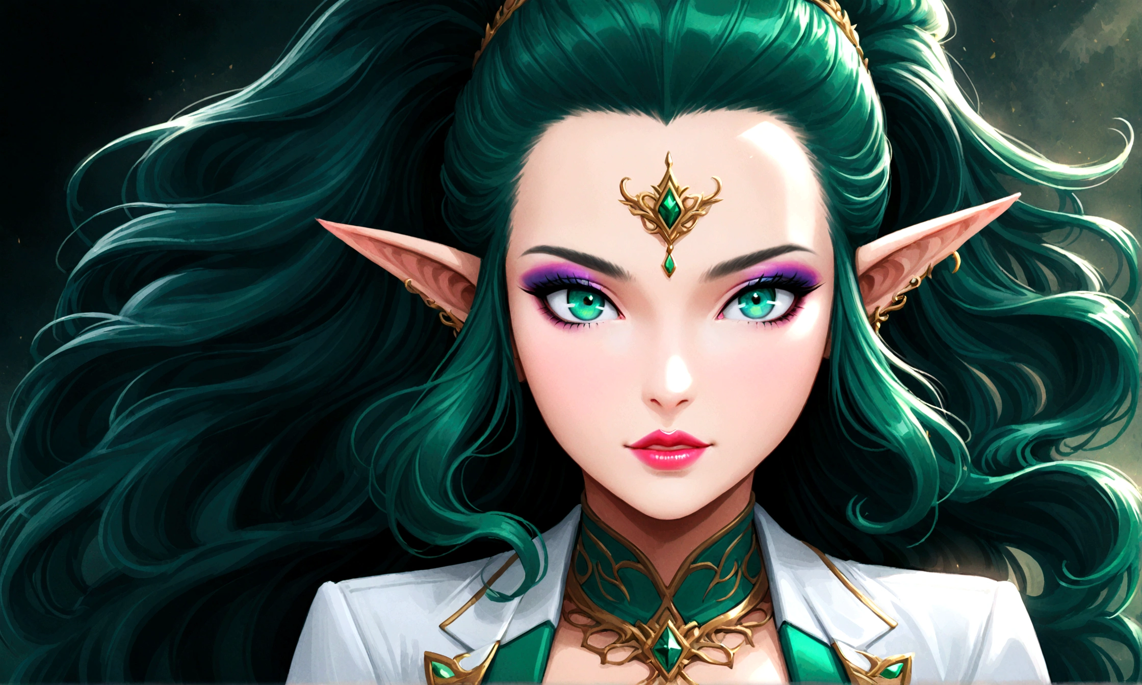 Arafed, a portrait of an elf woman, exotic beauty, long hair, dynamic color, emerald green eyes, glamour shot, she wears an elegant suit,