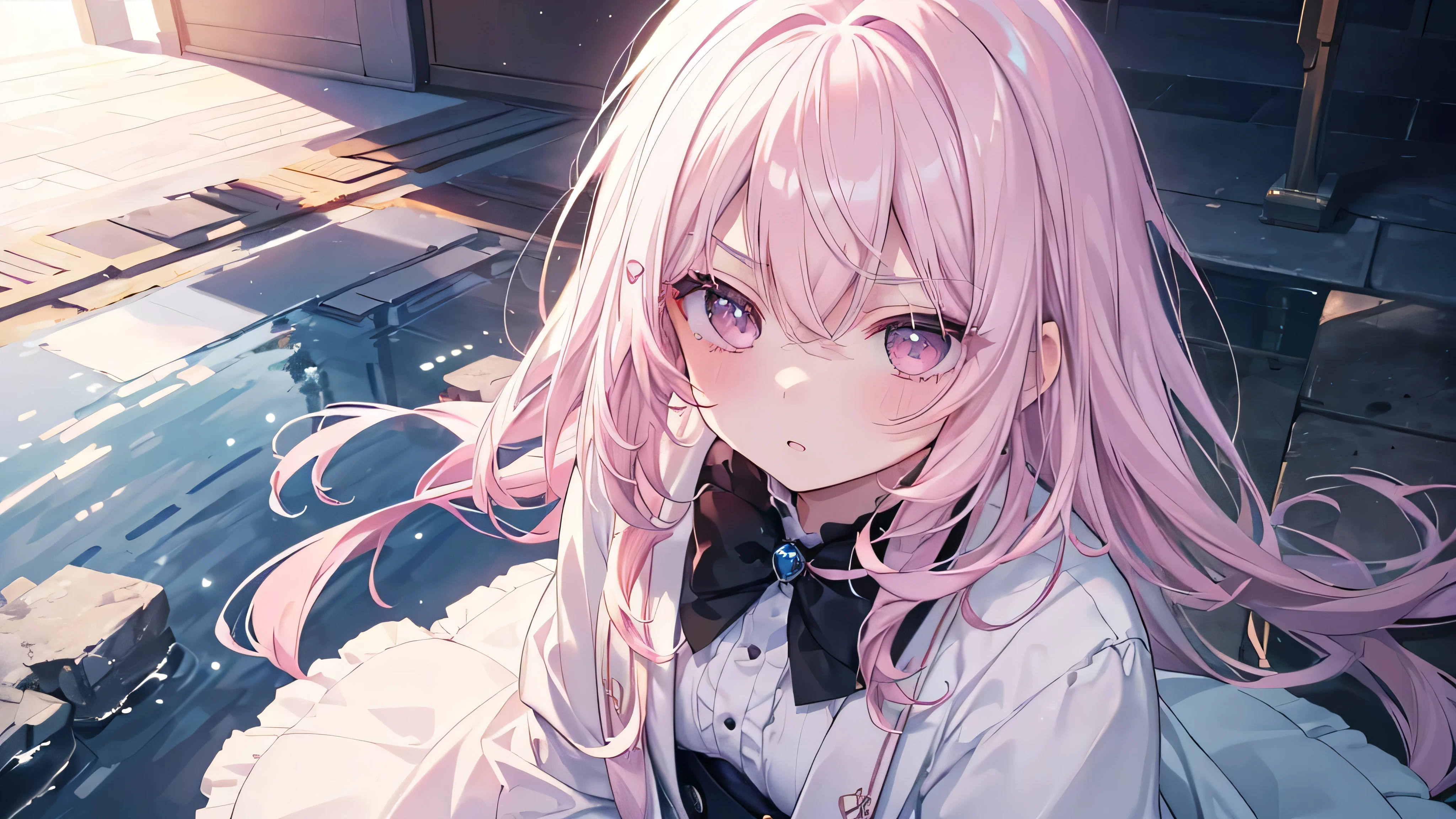 high school girl,((Highest quality、masterpiece、Super fine、Super fine、Exquisite、16k、Full HD) ) 、((Serious expression)), ((Big Move,))mysterious、(((Looking up))),Soft sunlight、((Clear skies)) 、Black Eyes、Long eyelashes、White skin、(Pale pink lips、Pale pink cheeks、thin and long)、 ((cute)) ((one person)),
