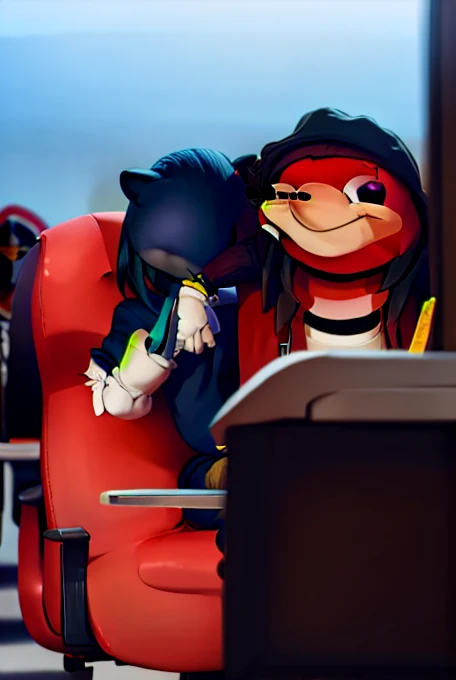 Ugandan knuckles no humans, white gloves, on a airplane