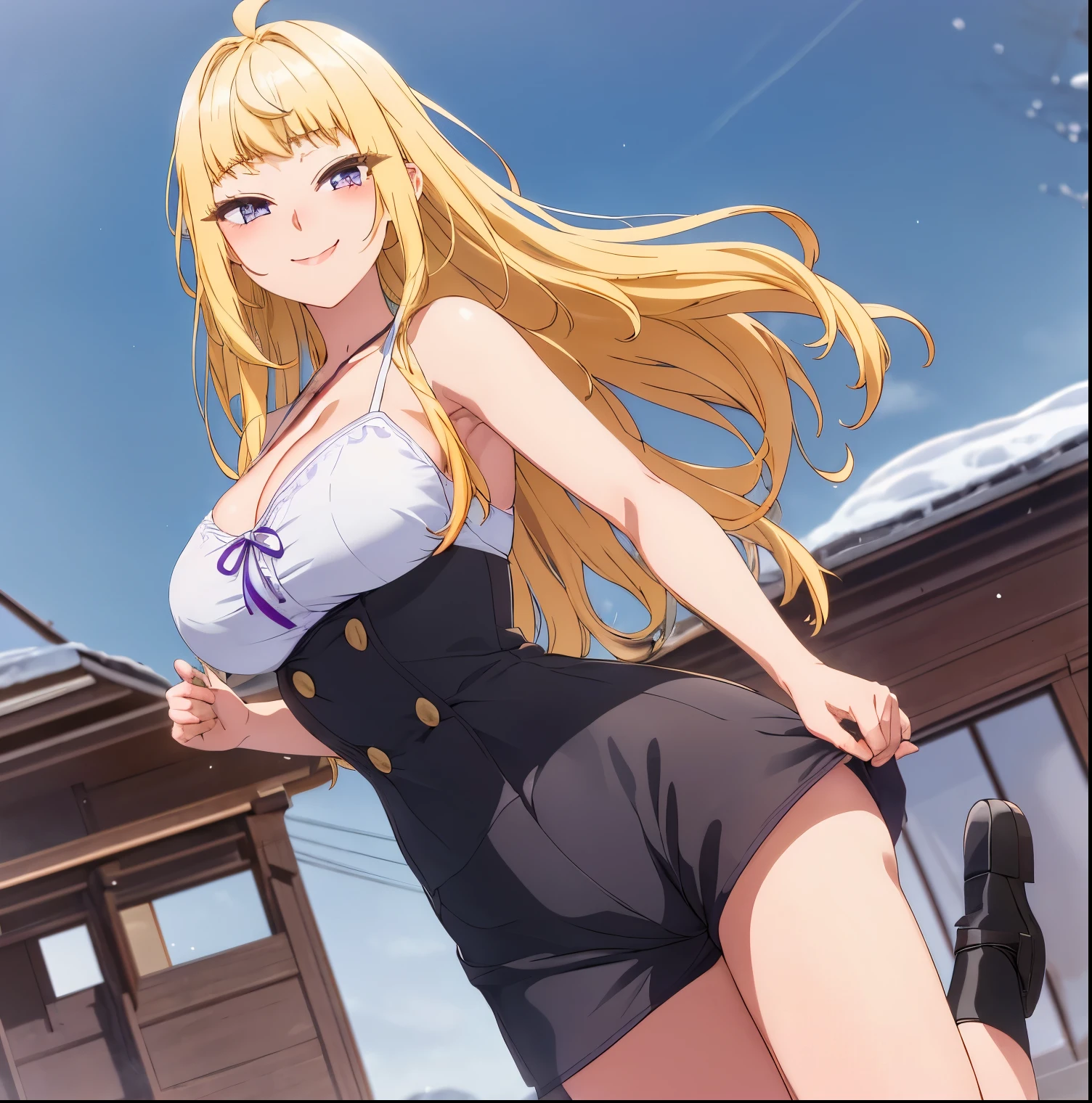 , 1 girl, ahoge, alone, Minami Fuyuki, blonde hair, long hair, purple eyes, looking at viewer, smile, (blush on nose: 1.2), white blouse, high-necked blouse, sleeveless, cleavage, black jeans tight,black shoes,outdoor,street,walking,sexy body,sexy posture,nsfw, (from below: 1.2), uncensored, (high resolution: 1.2), (ultra detailed: 1.2), [high range lighting dynamic], (masterpiece: 1.3), (best quality), high quality intricate details (extremely detailed CG unity 8k wallpaper: 1.2), best shadow (extremely detailed fine touch: 1.2), (high resolution), ( 4k), (pixiv), perfect face, pretty eyes and face (super detailed), detailed face and eyes, textured skin, absurd, high resolution, deep skin, perfect anatomy, perfect hands, big breasts, medium waist, wide hips, wide thighs, round butt, facing viewer, looking back, from behind, focus on ass, pov (from below)