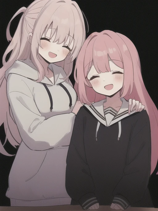 zPDXL2, score_9, score_8_up, score_7_up, score_6_up, score_5_up, score_4_up, (2girls:1.2), multiple girls, 1girl white fabric skin pink hair closed eyes sailor dress BREAK , 1girl white fabric skin blonde hair pink hoodie smile