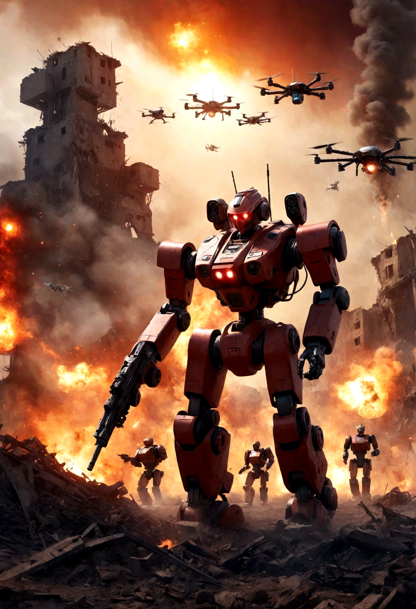 Create Autonomous Robots in War and A futuristic battlefield where autonomous robots are in combat. Armed humanoid robots advance in perfect ranks, firing energy weapons while drones fly overhead providing aerial support. The sky is red and full of smoke, with explosions in the background. Surviving humans hide in ruins, trying to escape the destruction.
Key elements: Armed humanoid robots, drones, battlefield, red sky, explosions, ruins, hidden humans.