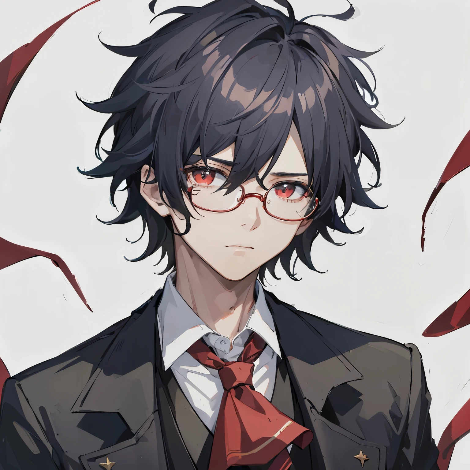 1boy, black_medium_hair, asymmetrical_bangs, glasses, red_vest, white_dress_shirt, ascot_tie, looking_at_viewer
