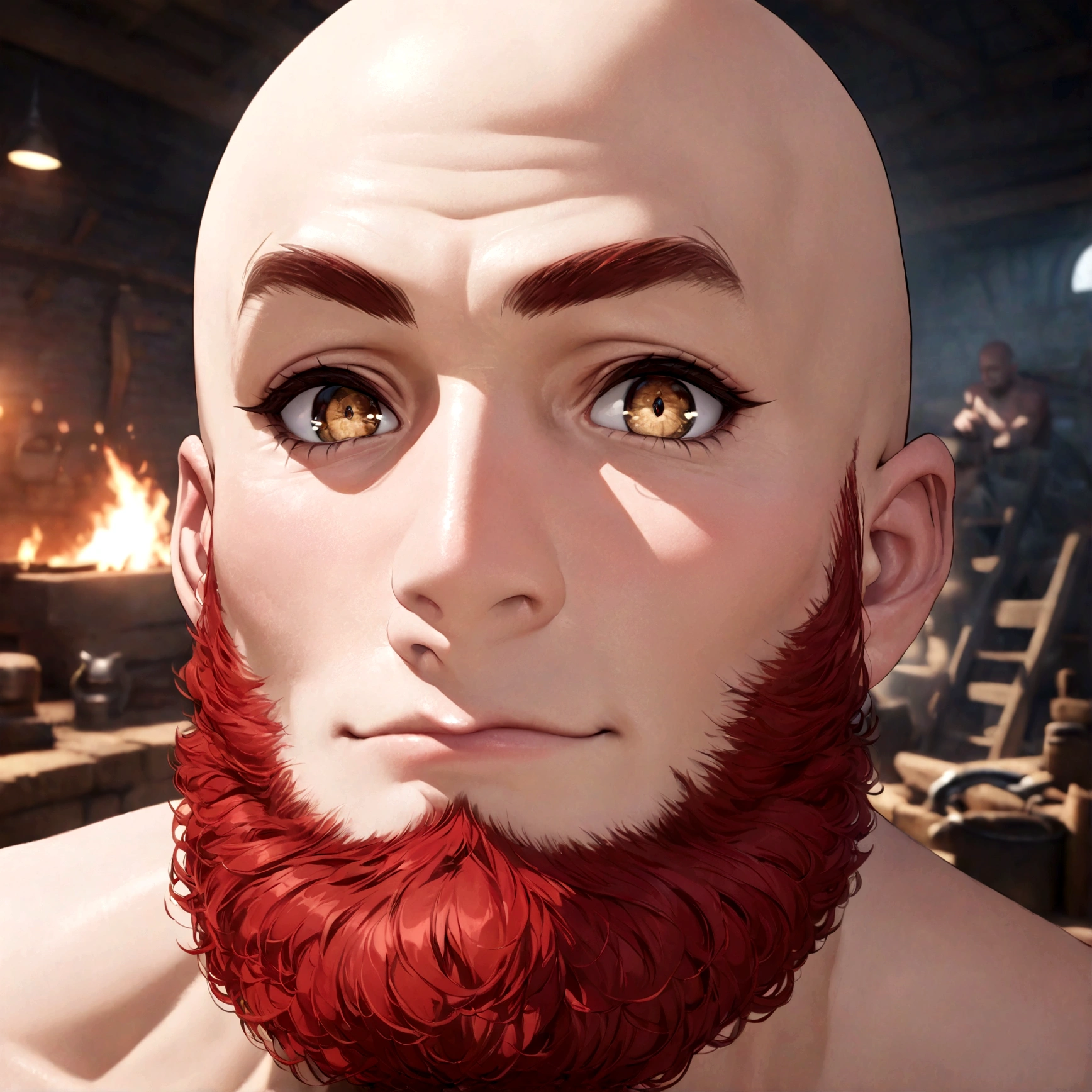 (Masterpiece, 32k, 8k, Max Graphics, Detailed Image, Vivid Detailed Eyes) A ​​Dwarf Warrior, Brown Eyes, Red Beard, Glossy Bald Head, Confident Expression, Staring At The Viewer, Blacksmith Scenery, (Ultra Photo detail-oriented)