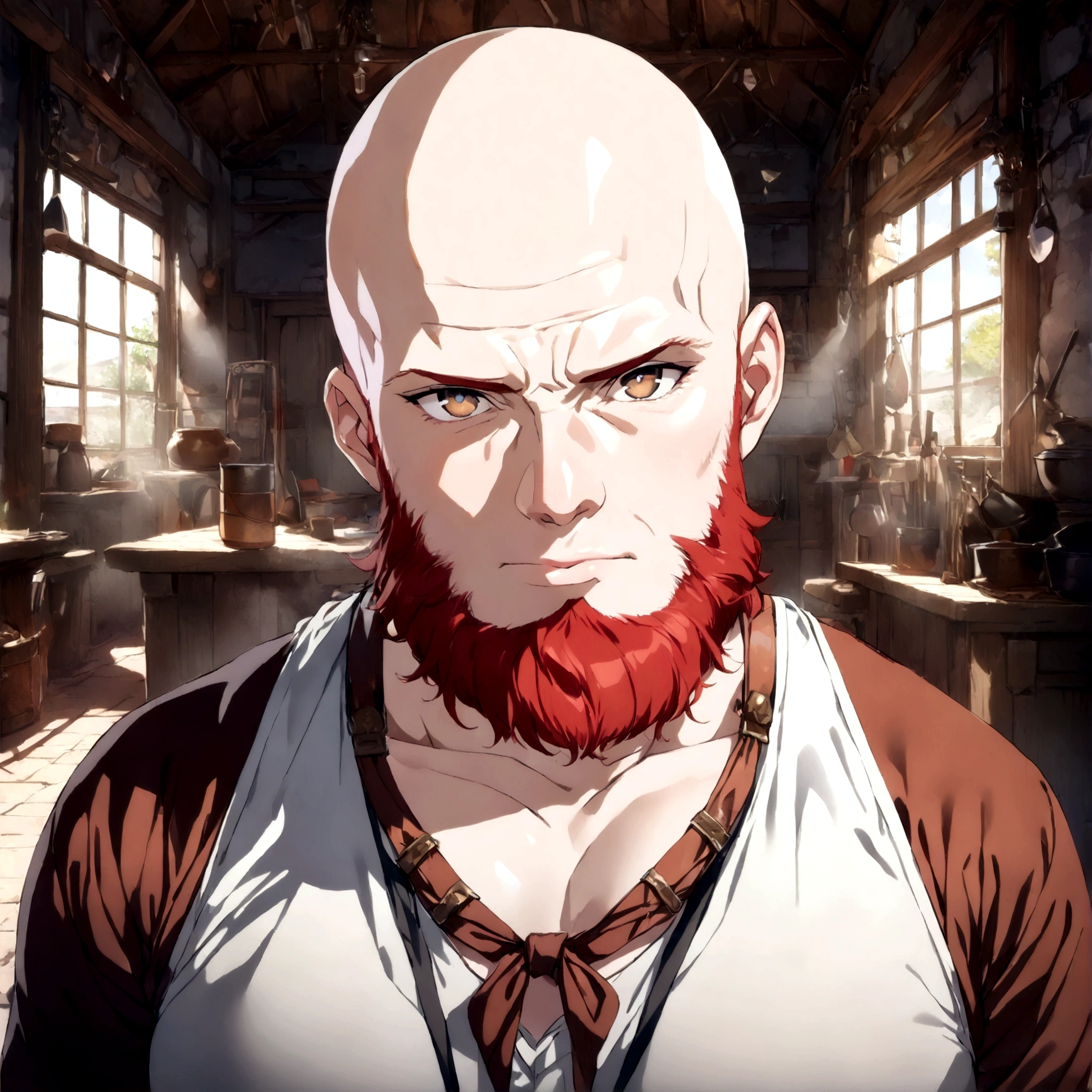 (Masterpiece, 32k, 8k, Max Graphics, Detailed Image, Vivid Detailed Eyes) A Dwarf Warrior, Brown Eyes, Red Beard, Glossy Bald Head, Confident Expression, Staring At The Viewer, Blacksmith Scenery, (Ultra Photo detail-oriented)