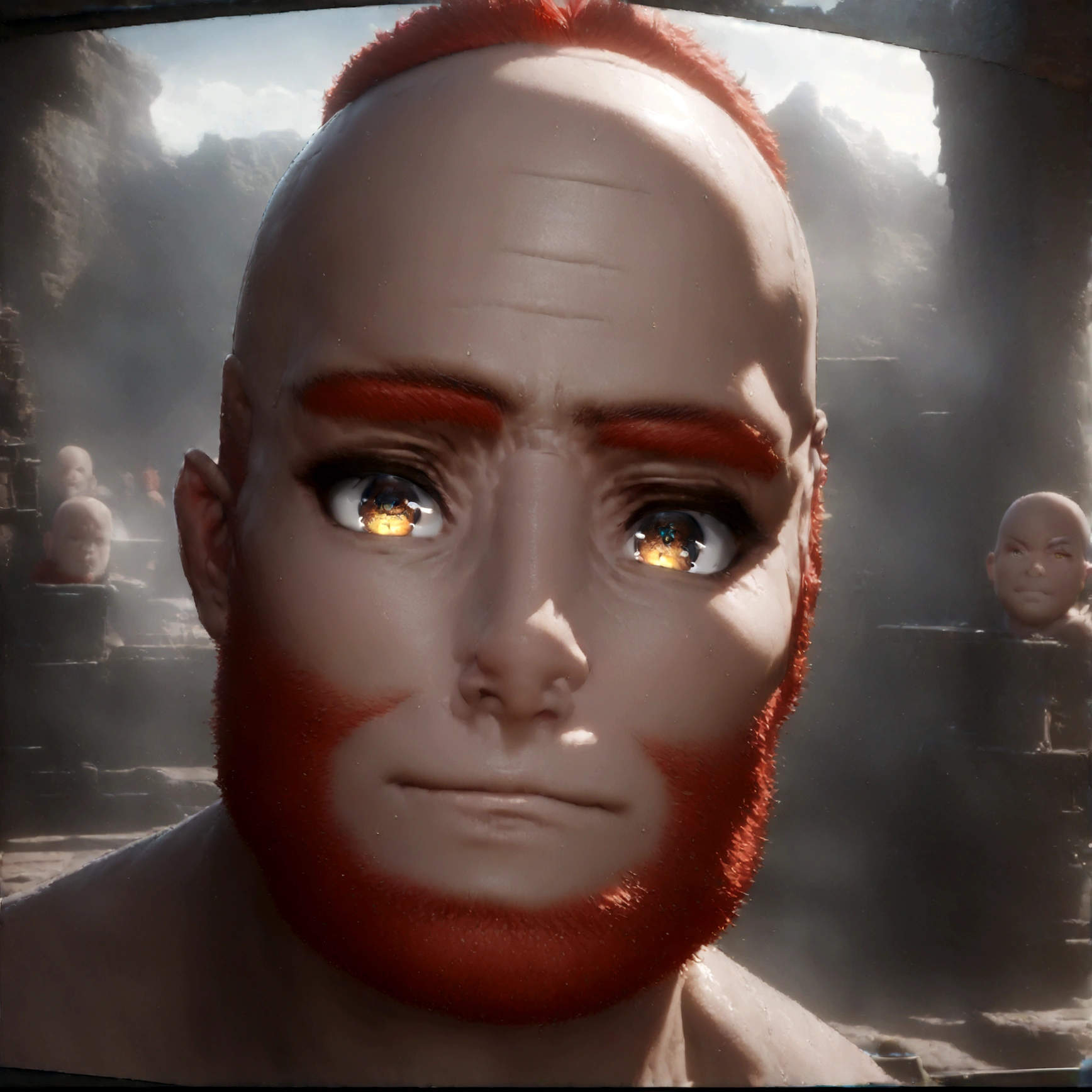 (Masterpiece, 32k, 8k, Max Graphics, Detailed Image, Vivid Detailed Eyes) A ​​Dwarf Warrior, Brown Eyes, Red Beard, Glossy Bald Head, Confident Expression, Staring At The Viewer, Blacksmith Scenery, (Ultra Photo detail-oriented)