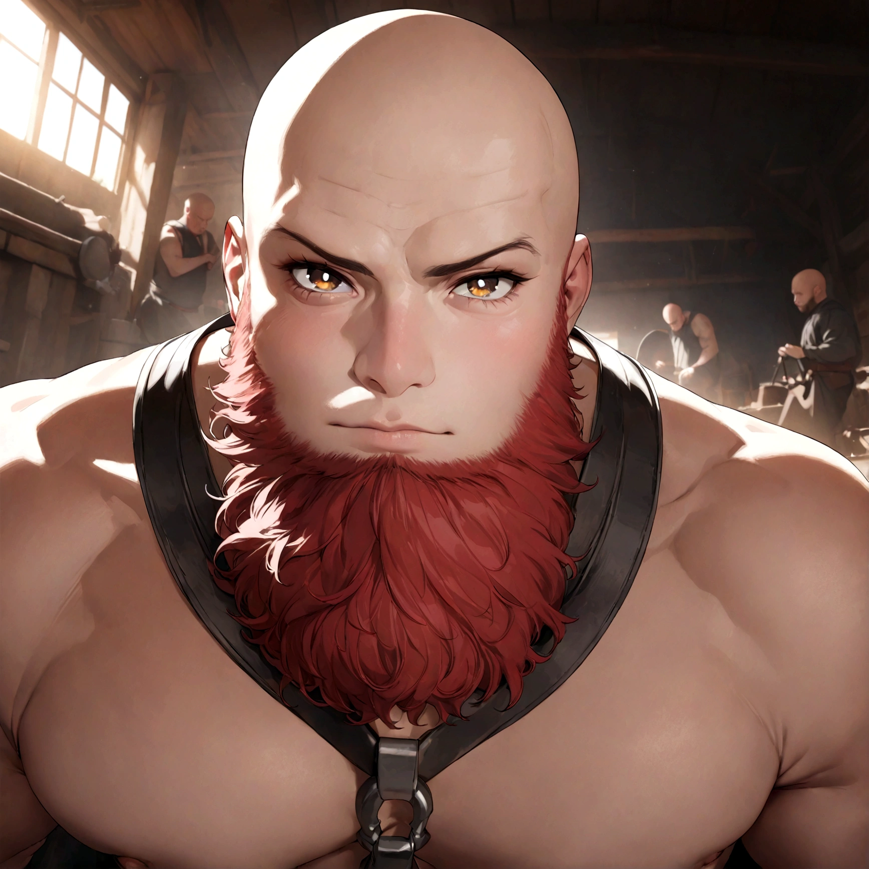 (Masterpiece, 32k, 8k, Max Graphics, Detailed Image, Vivid Detailed Eyes) A Dwarf Warrior, Brown Eyes, Red Beard, Glossy Bald Head, Confident Expression, Staring At The Viewer, Blacksmith Scenery, (Ultra Photo detail-oriented)