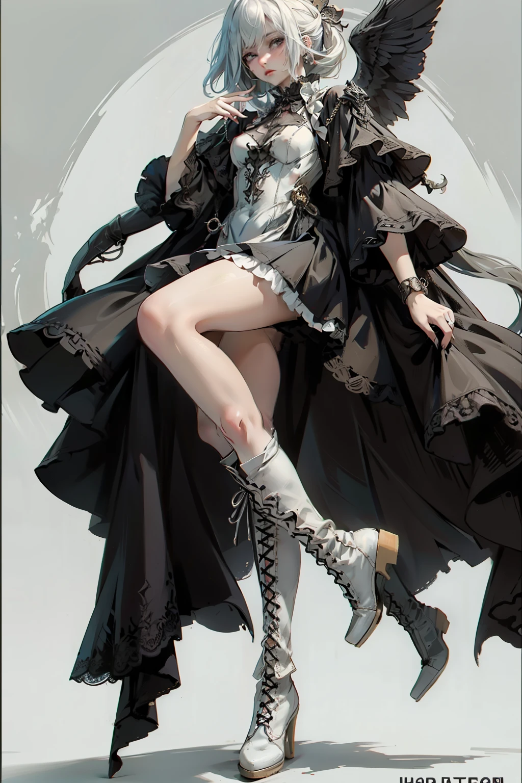((best quality)), ((masterpiece)), (detailed), blank white background, plain background, white background, red and white clothing, Bloodborne inspired,  occult aesthetic, occult, detailed and intricate steampunk and detailed gothic, NSFW, Very dramatic and cinematic lighting, cosmic horror, grim-dark, side-lighting, perfect face, NSFW, Fluttering lace flared long knee length dress with frilly petticoats, knee length dress, pleated petticoats, lolita dress, petticoats gothic lolita, complex lace boots, side-lighting, gothic lolita aesthetic, wearing a grand complex crown, cosmic crown, crown, diadem, NSFW, beautiful small breasts, small breasts, full body, whole body, body, plain background, white background, blank background, no background, white background NSFW, full body, whole body, head-to-toe NSFW