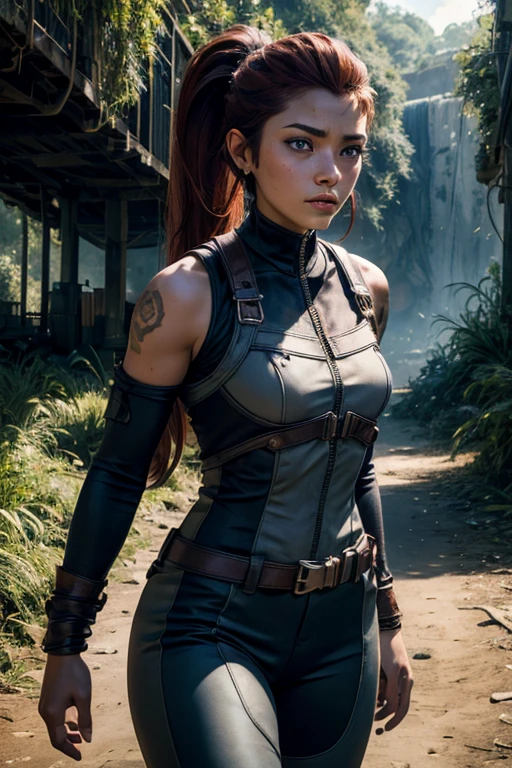 
iliaamitola, ilia amitola, long hair, blue eyes, brown hair, ponytail, dark skin, dark-skinned female, BREAK bare shoulders, bodysuit, BREAK walking through jungle with marines,  old bridge, river, post-apocalypse, dystopian future, crowd, (crowd in military uniforms), (volumetric lighting), best quality, masterpiece, intricate details, tonemapping, sharp focus, hyper detailed, BREAK looking at viewer, (cowboy shot:1.5), BREAK (masterpiece:1.2), best quality, high resolution, unity 8k wallpaper, (illustration:0.8), (beautiful detailed eyes:1.6), extremely detailed face, perfect lighting, extremely detailed CG, (perfect hands, perfect anatomy), 
