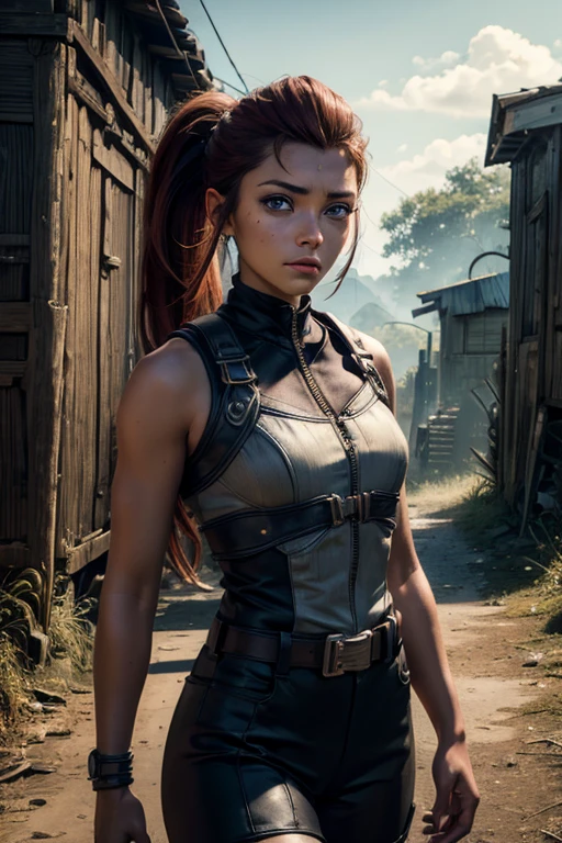 iliaamitola, ilia amitola, long hair, blue eyes, brown hair, ponytail, dark skin, dark-skinned female, BREAK bare shoulders, bodysuit, BREAK walking through jungle with marines, old bridge, river, post-apocalypse, dystopian future, crowd, (crowd in military uniforms), (volumetric lighting), best quality, masterpiece, intricate details, tonemapping, sharp focus, hyper detailed, BREAK looking at viewer, (cowboy shot:1.5), BREAK (masterpiece:1.2), best quality, high resolution, unity 8k wallpaper, (illustration:0.8), (beautiful detailed eyes:1.6), extremely detailed face, perfect lighting, extremely detailed CG, (perfect hands, perfect anatomy),