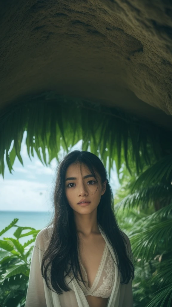 ((((((All Nude))))))((((((((Nipples、pubic hair))))))))1girl in,Very beautiful 16 year old Japan woman、beautidful eyes、cleavage of the breast、I met some colorful birds、the wind、cloudy ash sky、It's raining a little、Body like a model、JumpHigh-level image quality、Top image quality、Looking at the camera、Focus on the eyealdives、shores、I found a cave in the jungle and went inside.
