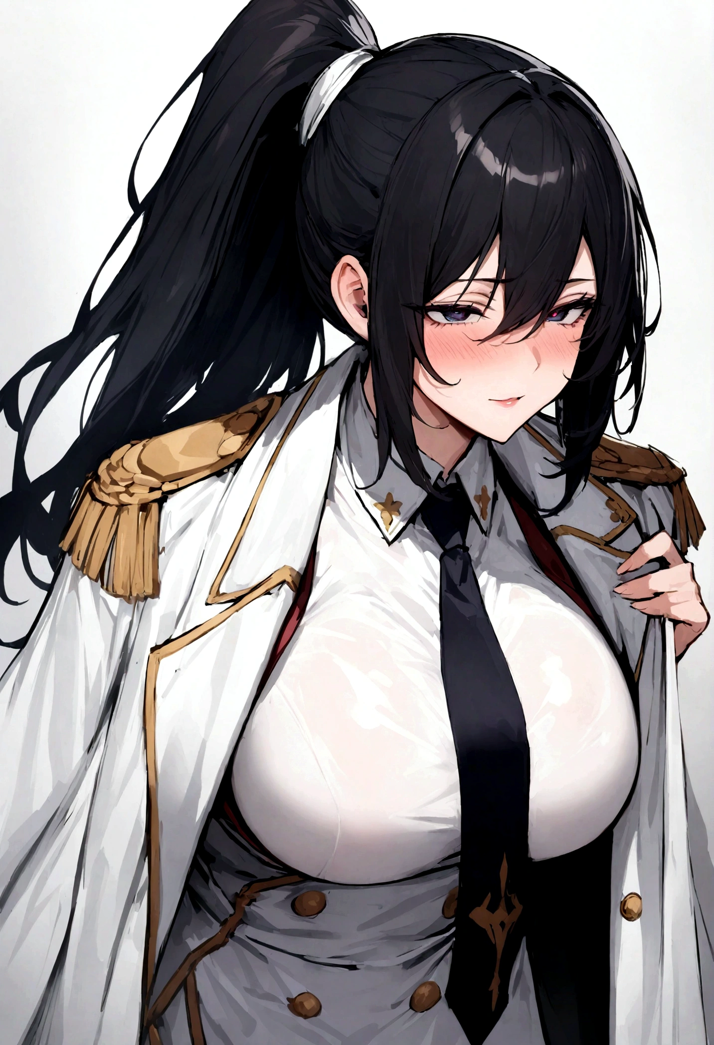 woman, large breast, white military uniform, white coat on shoulder, deep rich black hair, dark blue tie, high ponytail, detemine look, lustful eyes,