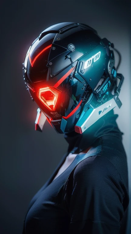 obra maestra, mejor calidad, a closeup of a futuristic looking cyborg girl with a fantastic cyber helmet head with red triangular LED lights and a halo, vestido con una chaqueta Techwear negra, cuerpo entero fondo blanco