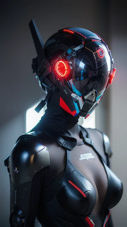 obra maestra, mejor calidad, a closeup of a futuristic looking cyborg girl with a fantastic cyber helmet head with red triangular LED lights and a halo, vestido con una chaqueta Techwear negra, cuerpo entero fondo blanco