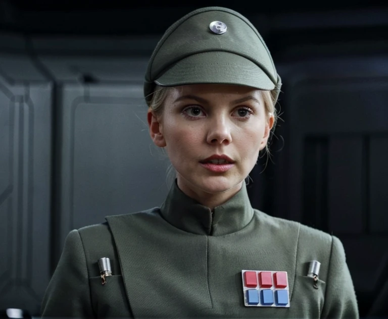 fashion photography of Elisha Cuthbert in olive gray imperialofficer uniform and hat with brim, hair in small tight bun, smooth pale white skin, haughty proud snob, pouty lips, buck teeth, sci-fi Death Star control room, sharp focus, dlsr, ultra sharp, professional Photographer, film grain, very detailed skin texture, photorealistic, no makeup