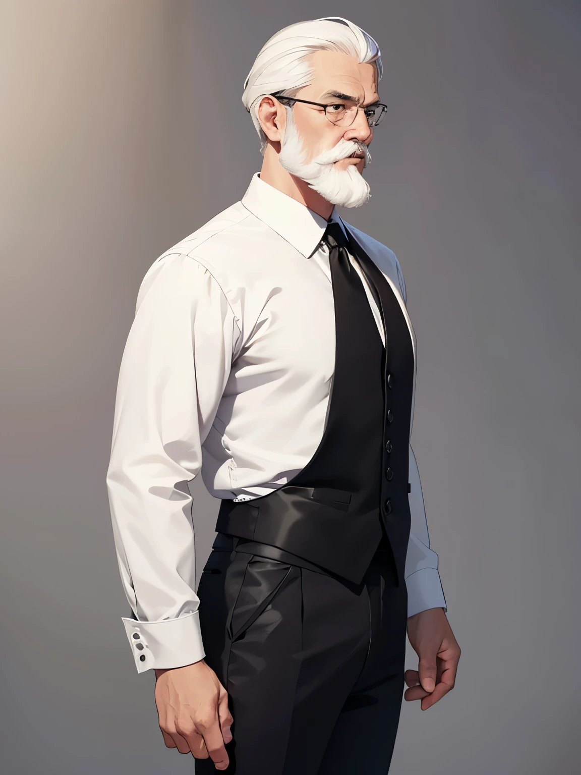 1Adult, 50 years old, white hair, Narrow eyes, Korean,White long shirt, black tie, black trousers,,mustache and beard, black eyes, standing,At night,Facing right, camera angle from the side, photo from the side, looking away ,half body photo