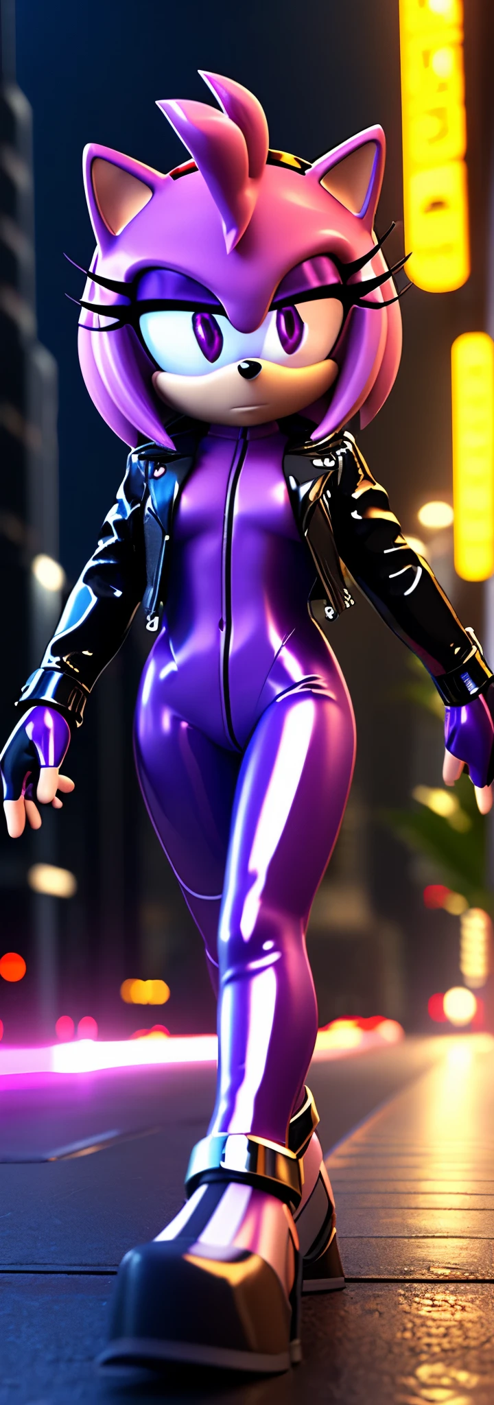 Solo, 1girl, full body image, rendered in SFM, ((sonic oc:1)), from sonic, high detail iconic character, in the new action-movie sonic, cyberpunk city, official render, 3d render official art, toon shader, ((female)), (((purple hedgehog:1))), ((shiny)) (purple fur:1.0), (((Amy rose style quills))), (((metallic purple eyeliner))) ((deep, empty purple eyes:1.5)), ((calm neutral expression)), ray trace 4 k, ray trace 4k, (((metallic purple latex bodysuit))), (((leather jacket))), ((fingerless gloves:0.9))