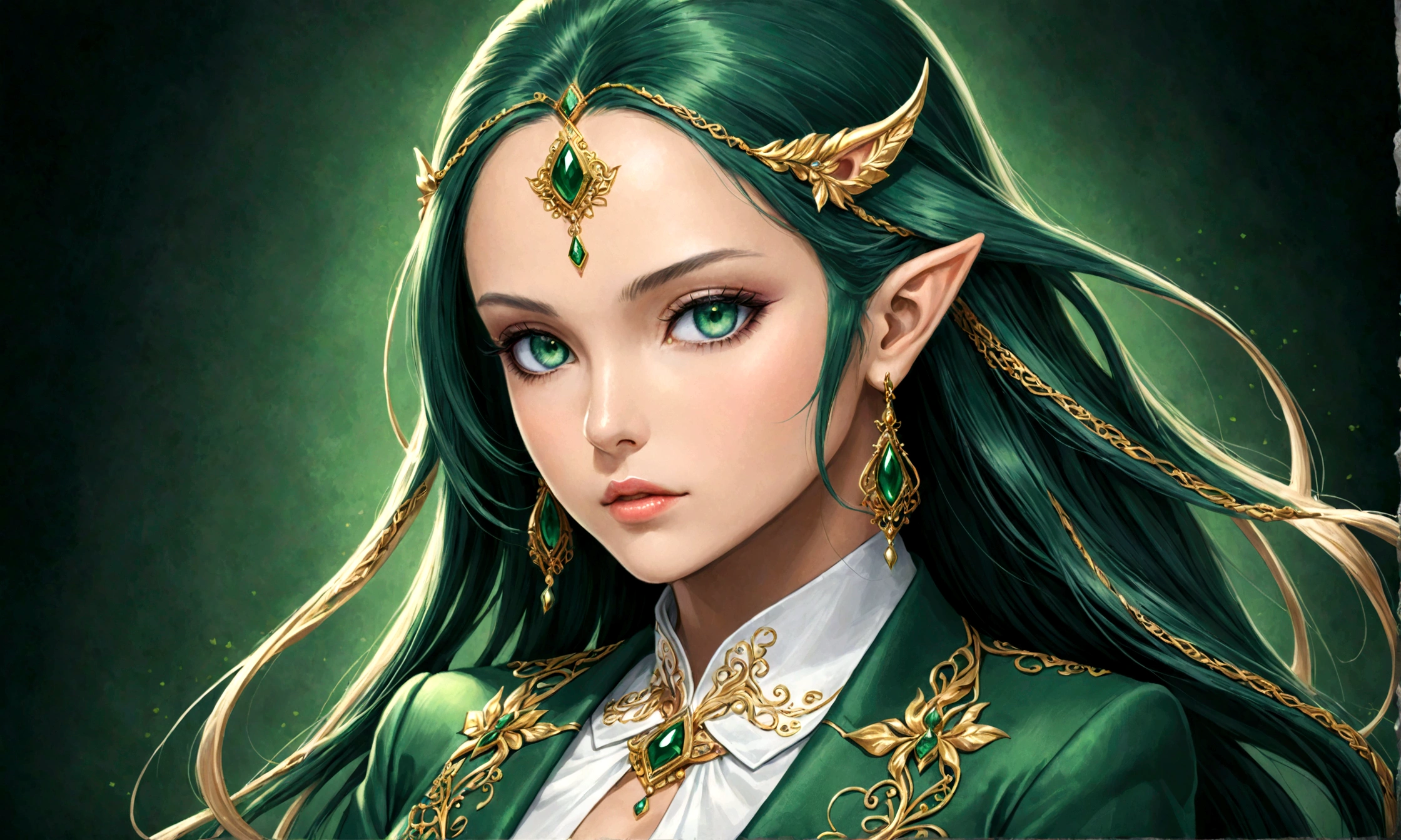 Arafed, a portrait of an elf woman, exotic beauty, long hair, dynamic color, emerald green eyes, glamour shot, she wears an elegant suit, 