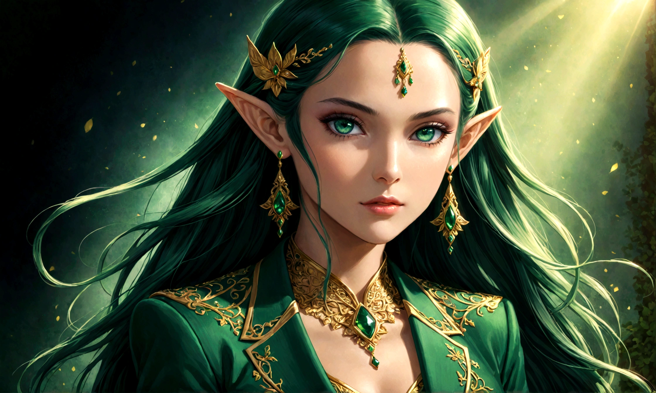 Arafed, a portrait of an elf woman, exotic beauty, long hair, dynamic color, emerald green eyes, glamour shot, she wears an elegant suit, 
