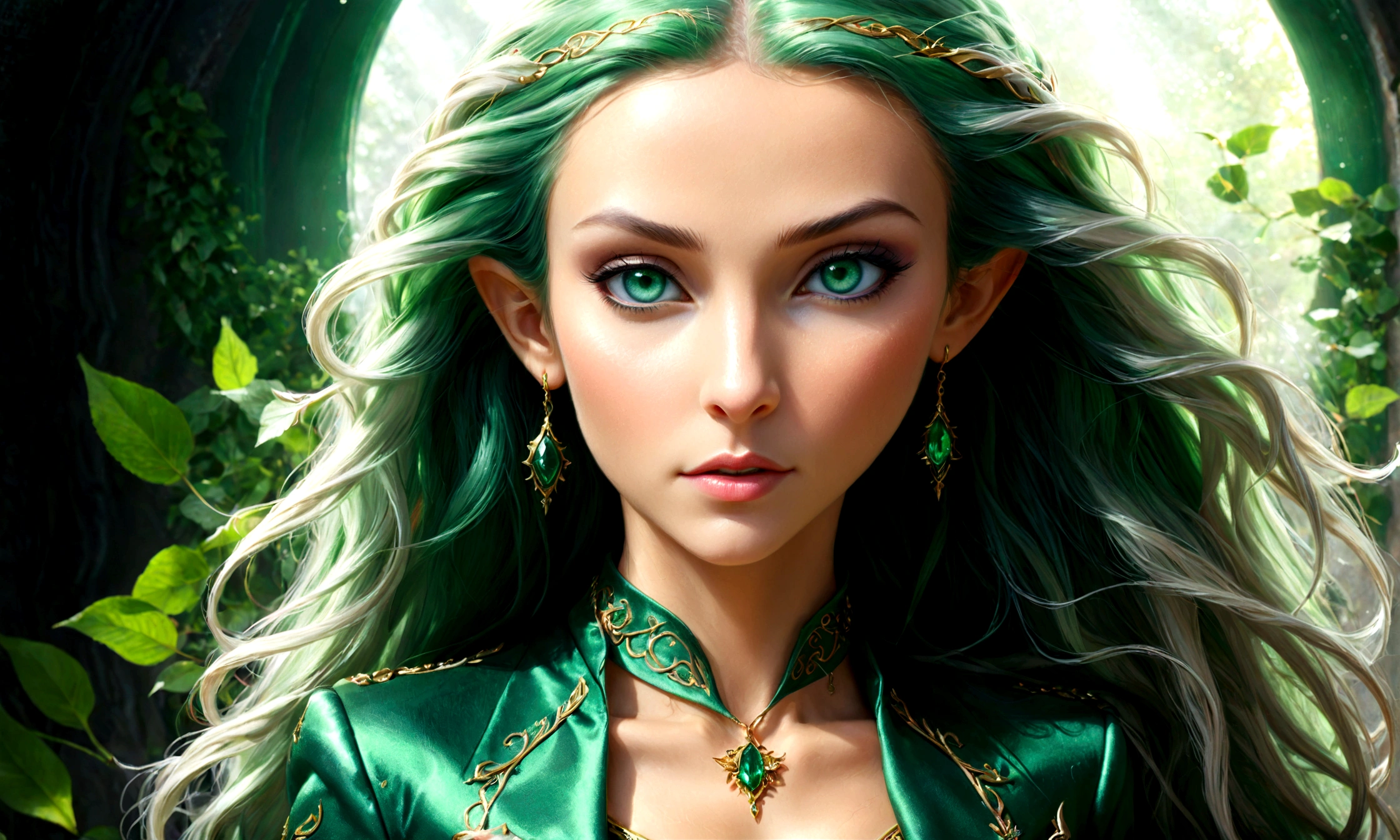 Arafed, a portrait of an elf woman, exotic beauty, long hair, dynamic color, emerald green eyes, glamour shot, she wears an elegant suit,