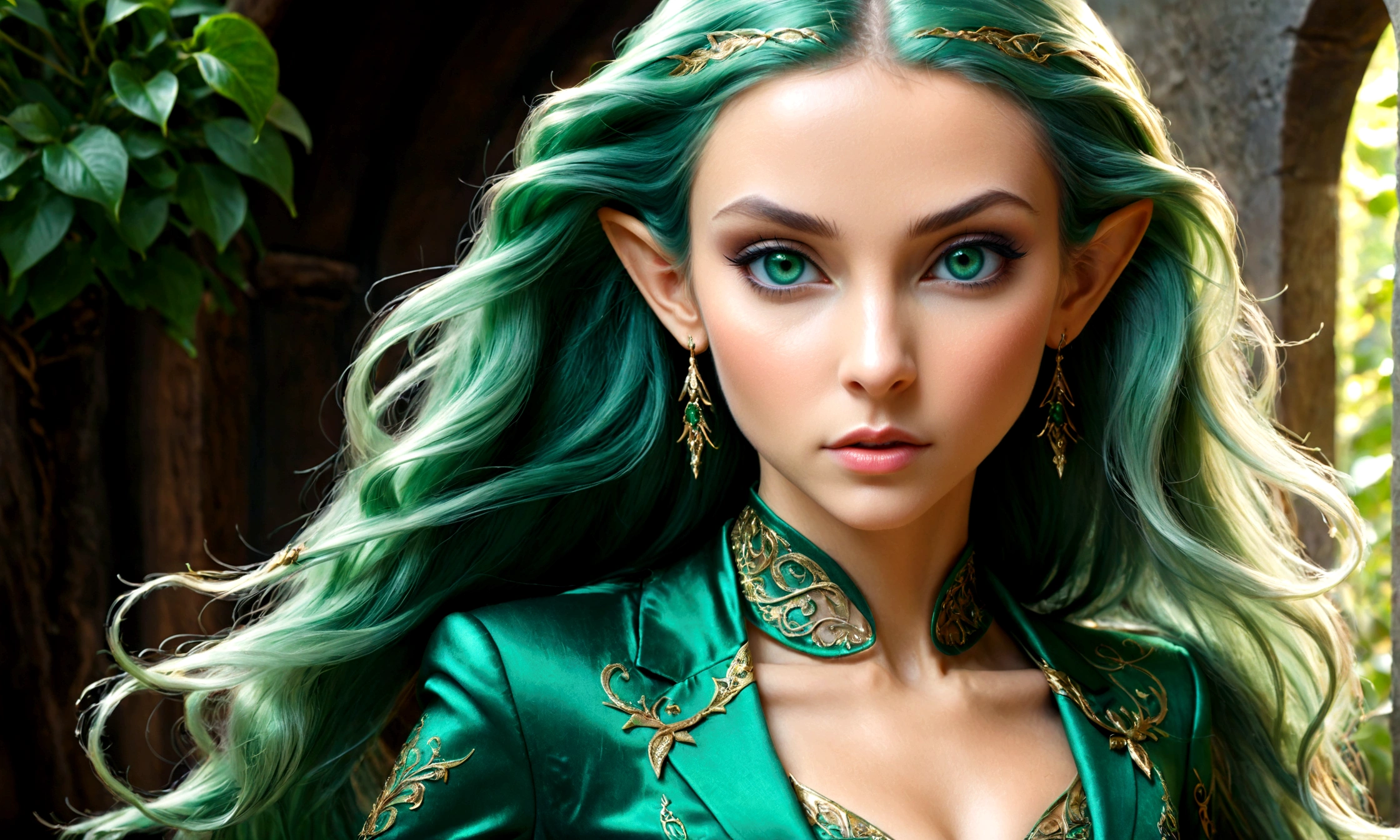 Arafed, a portrait of an elf woman, exotic beauty, long hair, dynamic color, emerald green eyes, glamour shot, she wears an elegant suit,