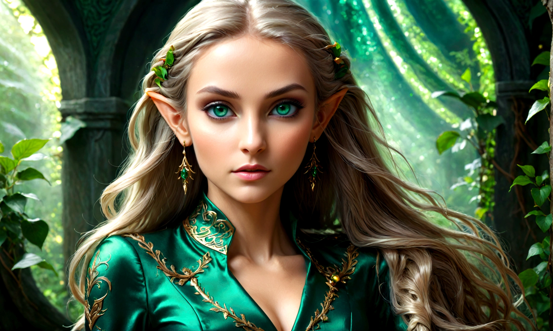 Arafed, a portrait of an elf woman, exotic beauty, long hair, dynamic color, emerald green eyes, glamour shot, she wears an elegant suit, 