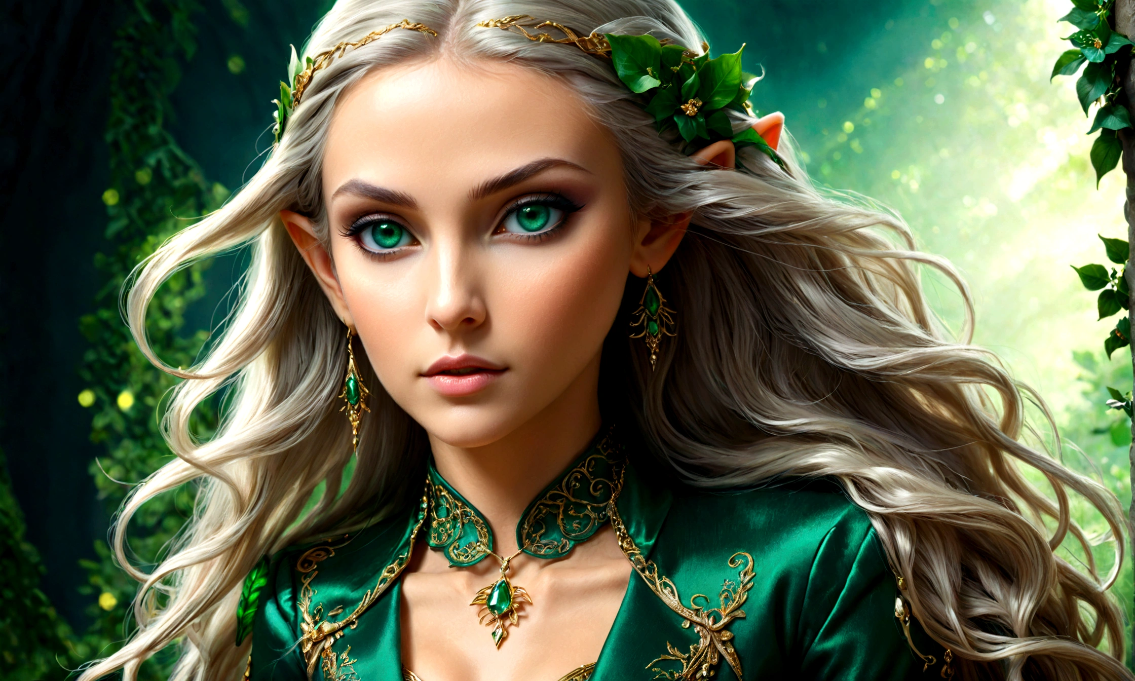 Arafed, a portrait of an elf woman, exotic beauty, long hair, dynamic color, emerald green eyes, glamour shot, she wears an elegant suit,