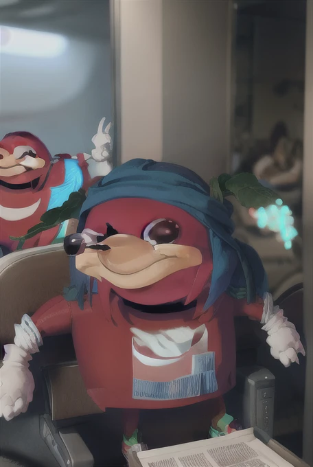 Ugandan knuckles no humans, white gloves, on a airplane as a frighter