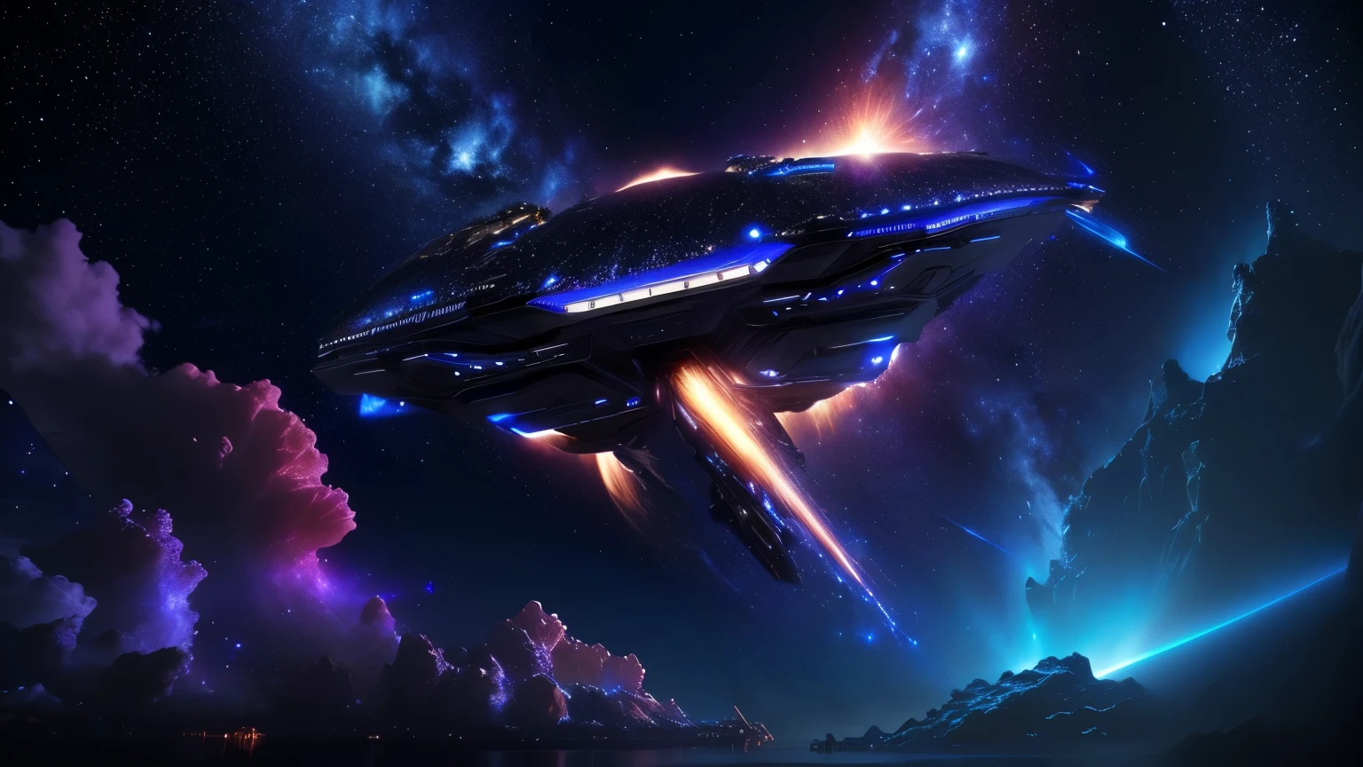 universe，Starry Sky，huge spaceship， Sci-fi stills, humpback , HD 4K Wallpaper, highly detailed surreal vfx, 3D rendering and matte