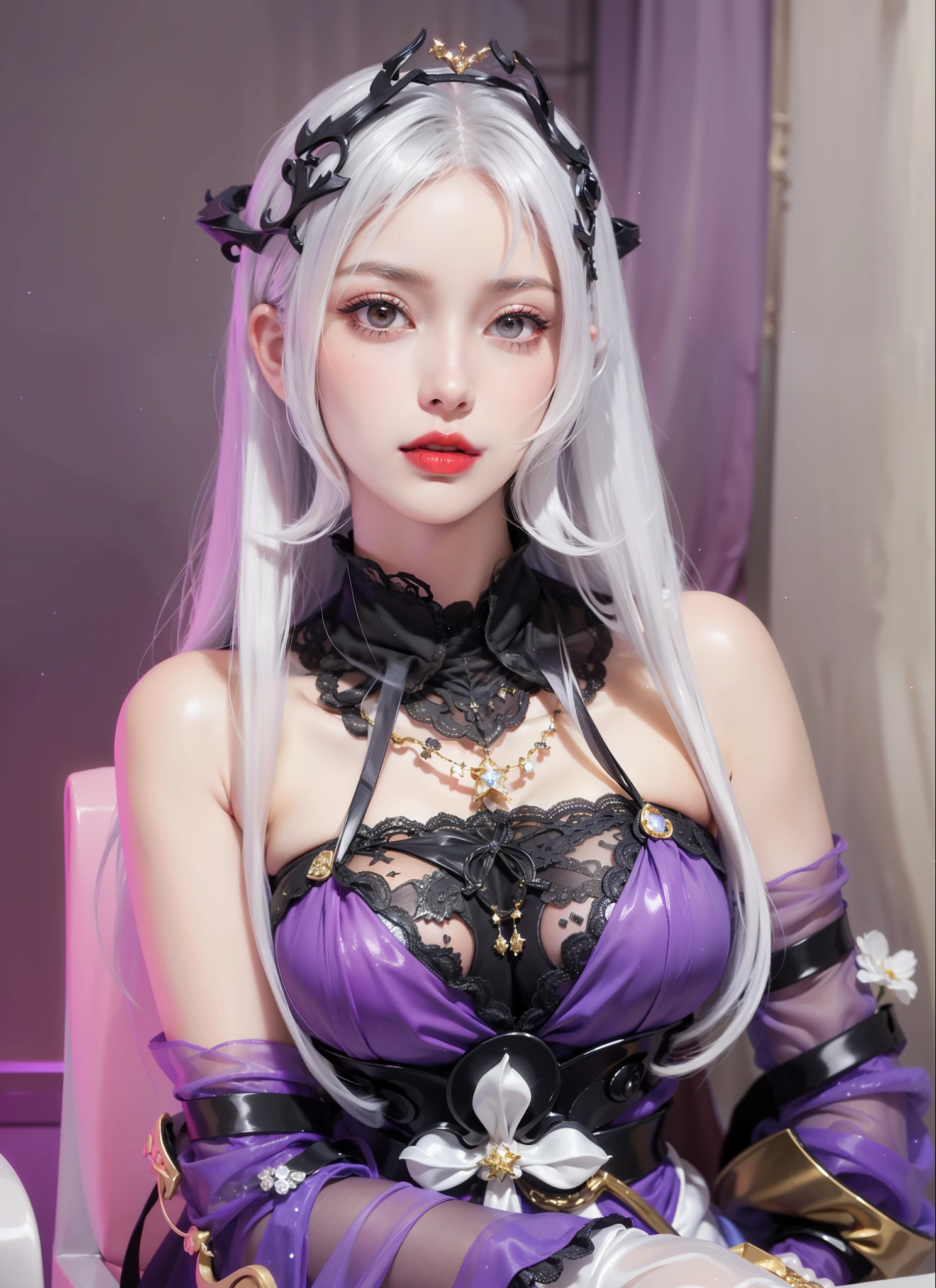 Imperial sister,Exquisite eyes,Snow Queen,Put the crown on your head,Detailed facial expressions body,Tall and big,number,Leg length,4K,White translucent lace,Fair and plump figure,Pretty Face,Little cherry mouth,Beautiful and delicious(3D Royal Sisters),Glossy Gel Coat,Vampire Queen in luxurious robes,Crystal Gem Crown,Ultra-clear portrait photos(8k),Dark eyeshadow,Sexy thick lips(Red lipstick),Very three-dimensional,Gold diamond gemstone decoration,Eyes shining like the starry sky,sit on the chair,wear gloves