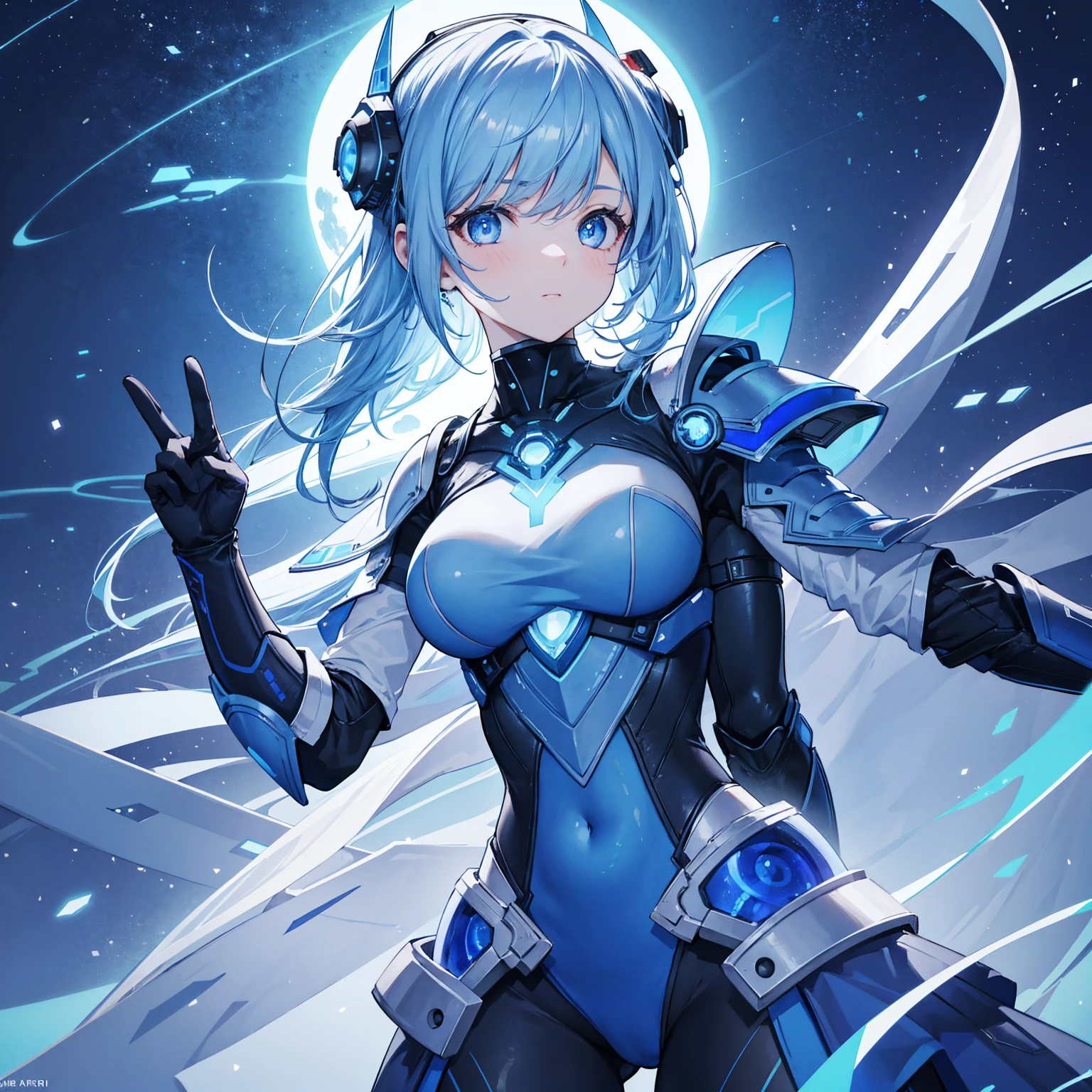 8k, highest quality, (real:1.4), Original photo, 1 girl, Asari Hair, Biological Amplifier, refined armor, posture: Peace talks between warring factions, smart blue eyes,Blue big moon and blue light swirl in the background