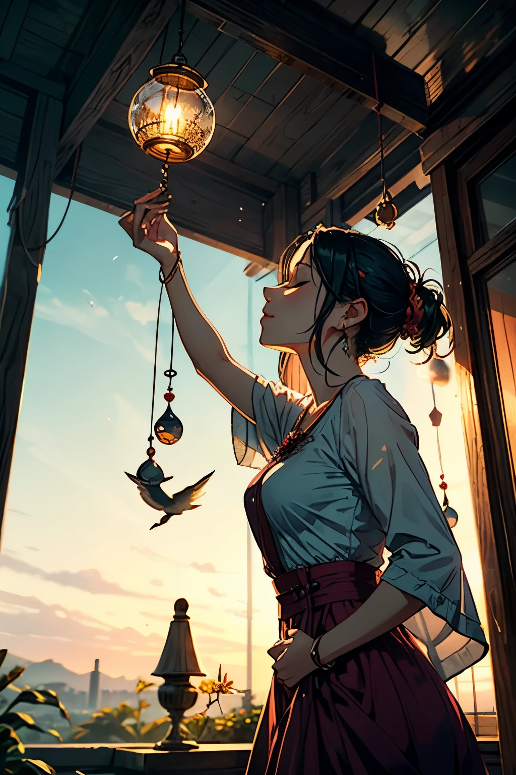 In a quaint garden, a woman admired a delicate wind chime swaying in the gentle breeze. Its tinkling melody echoed through the air, enchanting her senses. Mesmerized by the chime's harmonious dance, woman's heart soared with every musical note. As she closed her eyes, she could almost feel the whispers of the wind carrying her dreams and aspirathat moment, the wind chime became a symbol of hope and inspiration, reminding the woman to embrace life's melodies and find joy in the simplest of moments, two tone lighting, dynamic lighting
