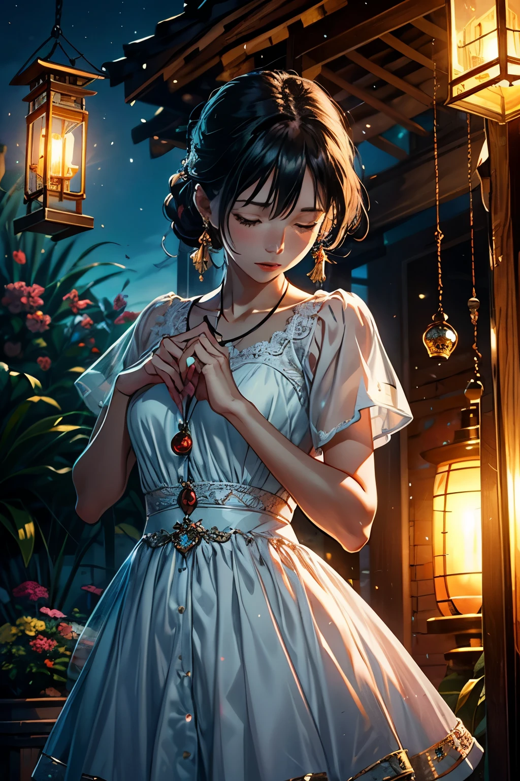 In a quaint garden, a mature woman admired a delicate wind chime swaying in the gentle breeze. Its tinkling melody echoed through the air, enchanting her senses. Mesmerized by the chime's harmonious dance, woman's heart soared with every musical note. As she closed her eyes, she could almost feel the whispers of the wind carrying her dreams and aspirations. In that moment, the wind chime became a symbol of hope and inspiration, reminding the woman to embrace life's melodies and find joy in the simplest of moments, two tone lighting, dynamic lighting