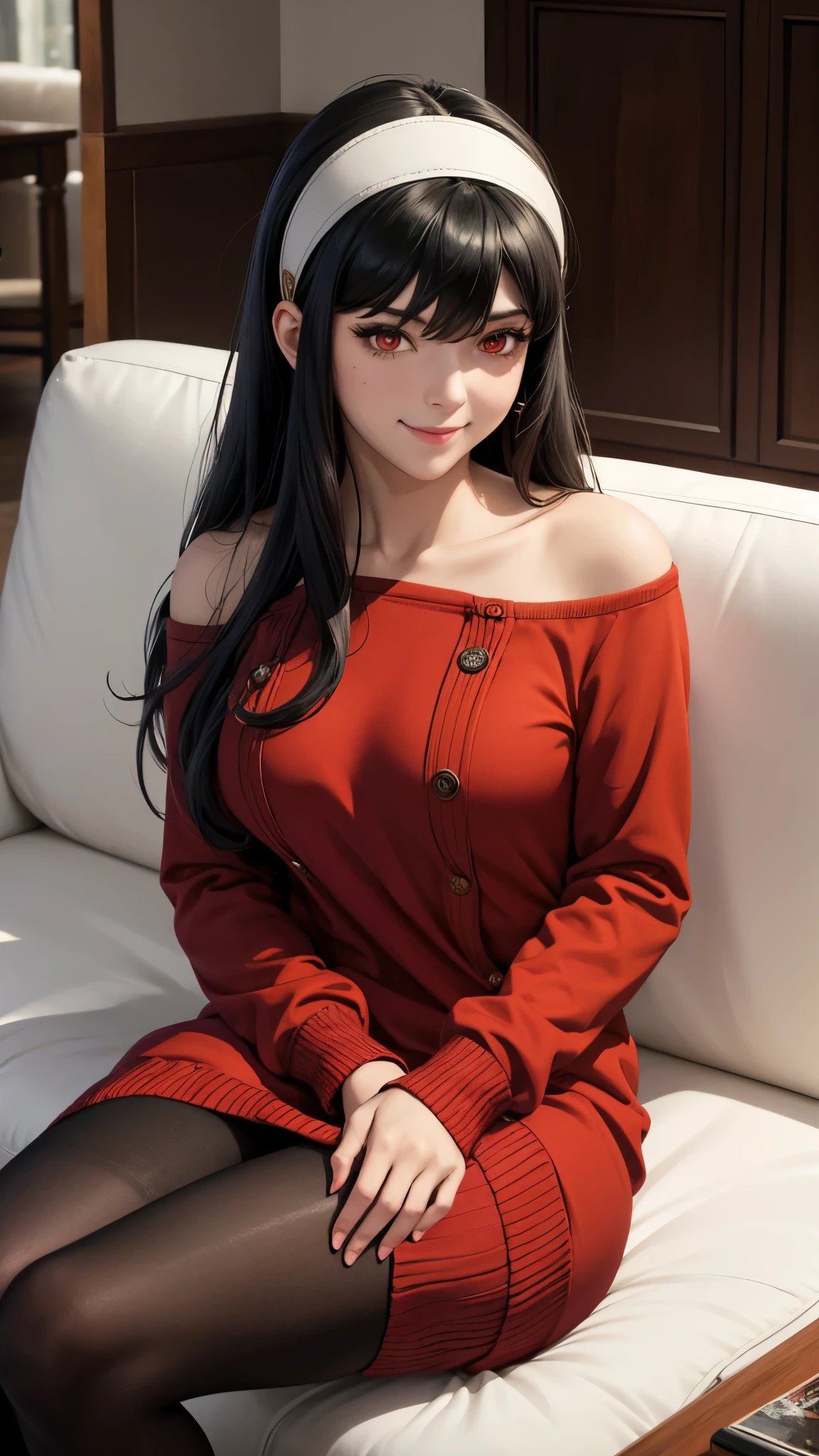 score_9, score_8_up, score_7_up, solo, 1girl, yor briar, smile, looking at viewer, sitting, couch, long hair, black hair, white hairband, red eyes, red sweater, sweater dress, long sleeves, black pantyhose, bare shoulders, collarbone, indoors