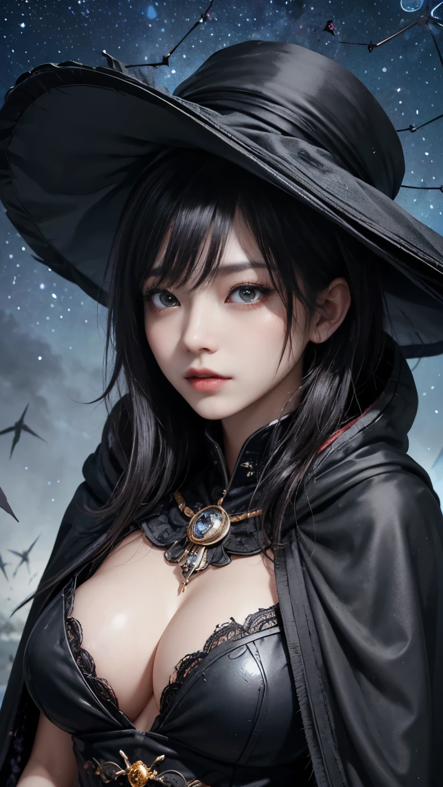 (Fatal Beauty,A charming villain,witch) ,(A supple and powerful physique),(Sensual charm),(Mysterious charm:1.1),(Captivating silhouette),(highest quality,High resolution:1.2),(dark,Threatening:1.1),((dark horror theme:1.5),(Thriller:1.5)),(Dark fantasy:1.5), (((Countless stars fly away:1.5),(Absurd:1.5),(wonderful:1.5))),Woman in red Dress, (Powerful numbers:1.1),(((Big Breasts))),(((Fiery crown:1.1))),prime color,Urban,Very detailed,masterpiece,Intricate details,Faded,Very detailed, Eye on the details,Intricate details,暗くてSpooky atmosphere, spiritual being, 忘れられないほどbeautiful, Ghostly figures, Shadow-like shape, Spooky whispers, Ominous Aura, Goth Maiden, Very dark彼女の目, Like dazzling fur in a starless haze,Her Mogul Snaps, Mysterious Cemetery,Black hair swaying in the moonlight, She summons darkness, (beautiful: 1.7), (Black Hat: 1.6), (An intricately decorated jet-black cloak: 1.6), (Delicately decorated cloak, Despite being damaged: 1.5), Hypermaximalist, Breathtaking oil paintings, Surreal, Ultra-realistic digital illustrations that mimic the style of oil paintings, Seamlessly blending the psychedelic visionary art of Alex Grey with the physical-mechanical aesthetic of H.R. Giger. wonderful構成, (Shining Eyes:1.6)、(Glowing Eyes:1.1),(hellish landscape:1.1),(fire,sulfur:1.1),(Threatening atmosphere:1.1),(dark shadows,Threatening presence:1.1),(Unlucky Clouds,Stormy Skies:1.1),(dark,Spooky atmosphere:1.1),(Aura of misfortune,Evil energy:1.1),(dark aura,cigarette:1.1),(Extreme heat,Burning Flames:1.1),(Nightmare Visions:1.1),(Predicting the end:1.1),(Whispers of misfortune,Devilish Laugh:1.1),(Cries of pain,echoing screams:1.1),(Bad luck symbol,Ancient runes:1.1),(Mysterious Relic,dark 美術ifacts:1.1),(Infernal Ritual,Ritual sacrifice:1.1),(Eternal Ruin,A hopeless existence:1.1), Inspired by abandoned mech backgrounds. Art created by Craig Mullins, Necrostyle., Detailed Description, Futuristic sci-fi scene. Check out the sci-fi concept art, Vivid colors and sharp focus.
