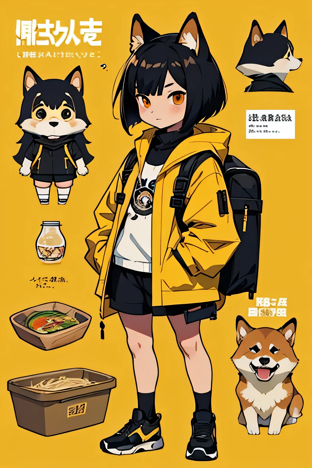 Character design sheet of a girl with a black bob, yellow raincoat, shorts, a backpack with a shiba inu puppy inside and a ramen cup in her hand. ((best quality)), ((masterpiece)), (detailed)