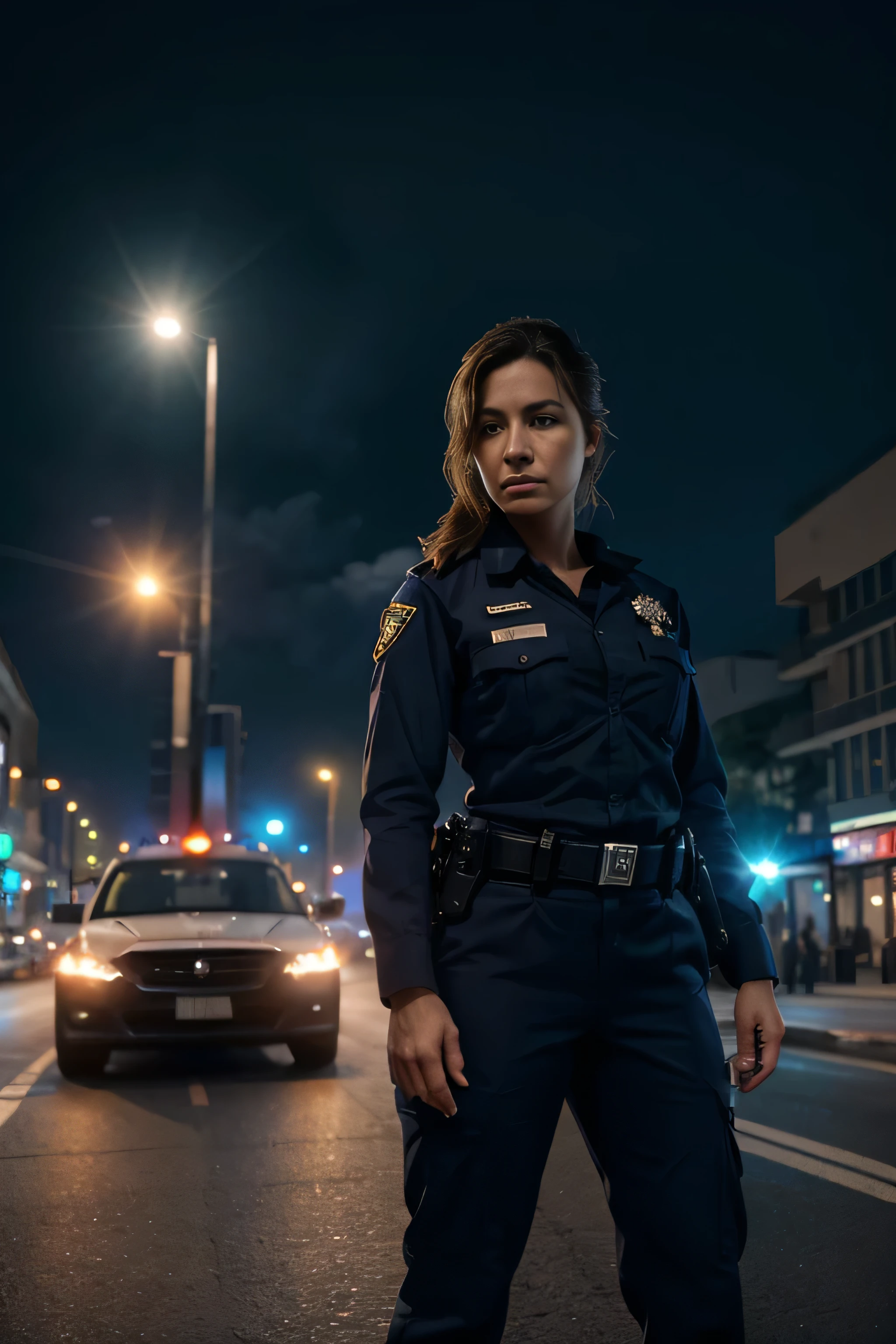 woman in police uniform standing in the middle of the street,cinematic lighting,dramatic angle,highly detailed,photorealistic,8k,masterpiece,(best quality,4k,8k,highres,masterpiece:1. 2),ultra detailed,(realistic,photorealistic,photorealistic:1. 37),HDR,UHD,studio lighting,ultra-fine rendering,sharp focus,physics-based rendering,extreme detail description,professional,vivid colors,bokeh,cinematic,dramatic,intense,powerful