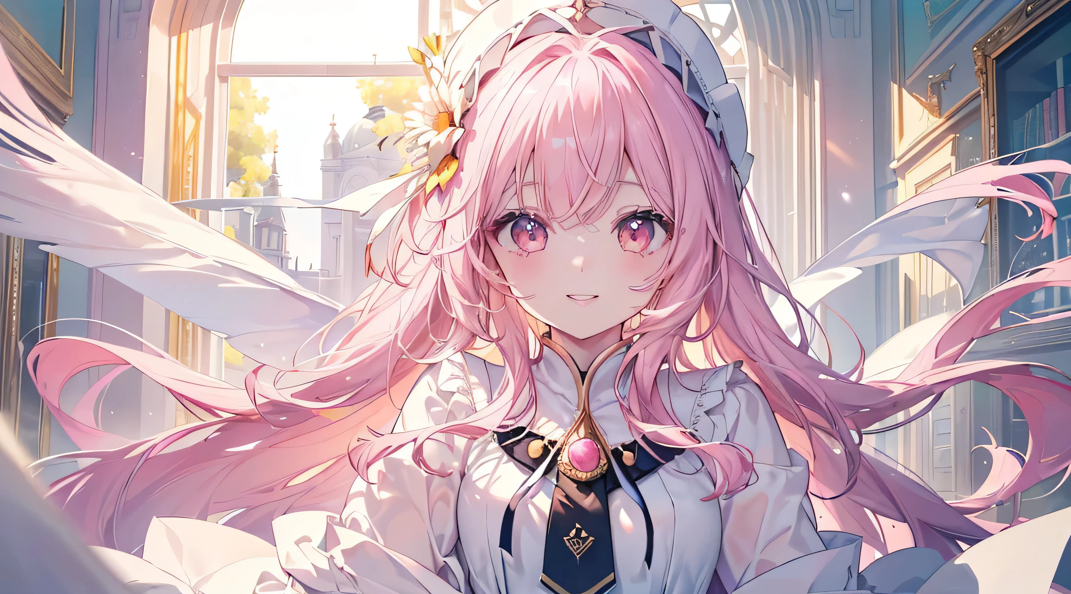 high school girl,((Highest quality、masterpiece、Ultra-fine、Ultra-fine、Exquisite、16k、Full HD)) 、(((The best smile)) 、((The Great Migration)) 、(Looking up))),Soft sunlight、((sunny)) 、Dark Eyes、Long eyelashes、White skin、(Pale pink lips、Pale pink cheeks、thin and long)、 ((cute)) ((one person)) 、