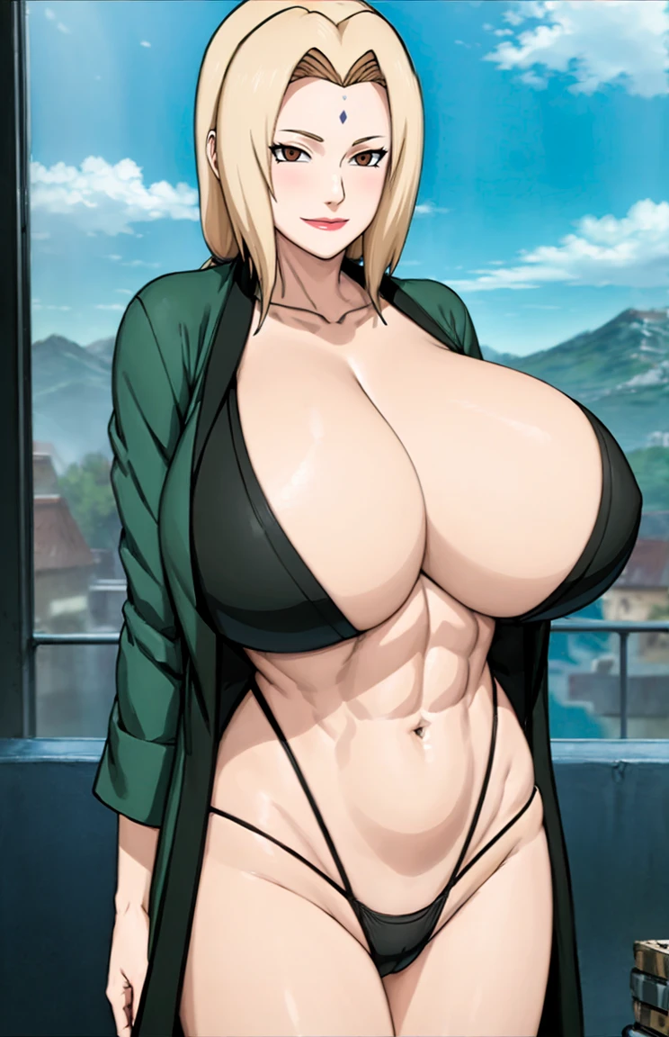 (huge tits), cleavage, good anatomy, masterpiece, best quality, 4k, 8k, professional photography, soft light, sharp focus, 1 girl, blonde hair, short blous,visible midriff ,(mountain), clouds, blonde hair, parted banks, detailed face+brown eyes, smile, closed lips, lipstick, windows,(full bodyshot), (deep navelshow :1.5),toned abs,(oval shaped deep and long navel), alluring poses,(front view photo shoot),wears green robe,(panty),Very deep navel