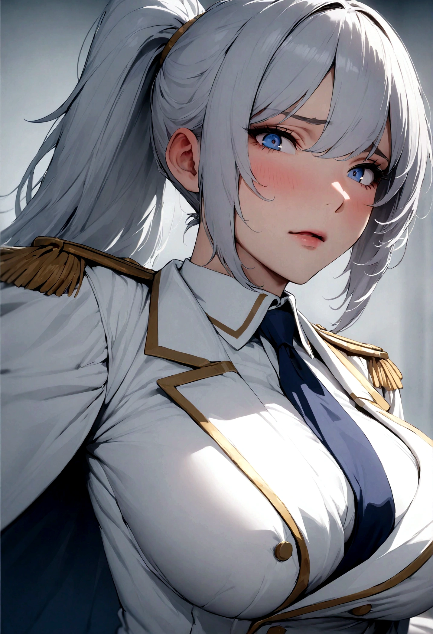 woman, large breast, white military uniform, white coat on shoulder, silver hair, dark blue tie, high ponytail, detemine look, lustful eyes,