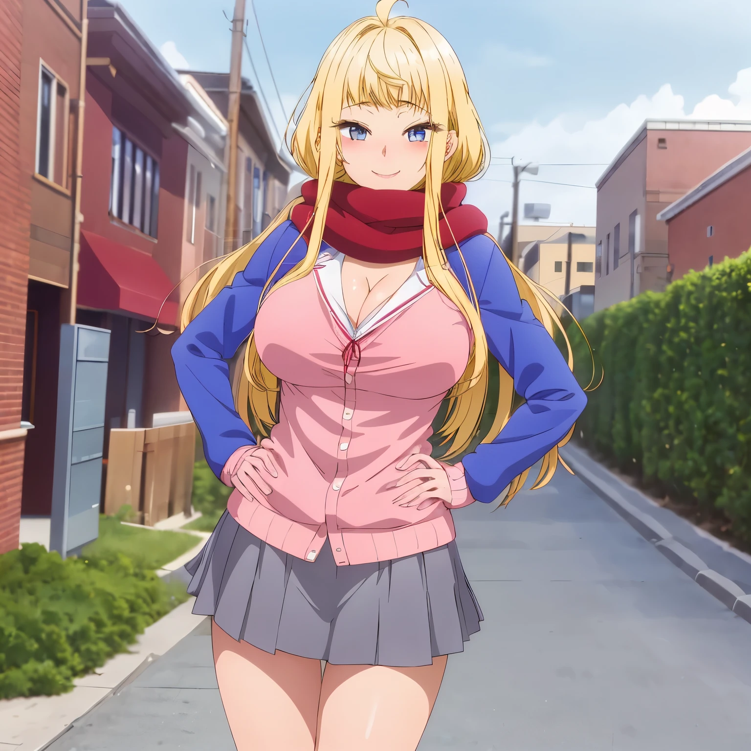 1 girl, alone, Minami fuyuki, ahoge, alone, blonde hair, looking at viewer, smile, pink cardigan, neckline, blue jacket, open jacket, red scarf, pleated skirt, gray skirt, city background, street, garden, hand on hip, sky, dynamic pose, hands on hips dynamic angle, big breasts, waistline medium, wide hips, wide thighs, (high resolution: 1.2), (ultra detailed: 1.2), [high dynamic range lighting], (masterpiece: 1.3), (best quality), high quality, intricate details, (extremely detailed CG unity 8k wallpaper: 1.2), best shadow, (extremely detailed fine touch: 1.2), (high resolution), (8K), (extremely detailed), looking at viewer, head on, focus on breasts, pov (from above), (4k) , (pixiv), perfect face, pretty eyes and face, (super detailed), detailed face and eyes, textured skin, absurdities, high resolution, deep skin, skindentation, excellent hands, excellent anatomy