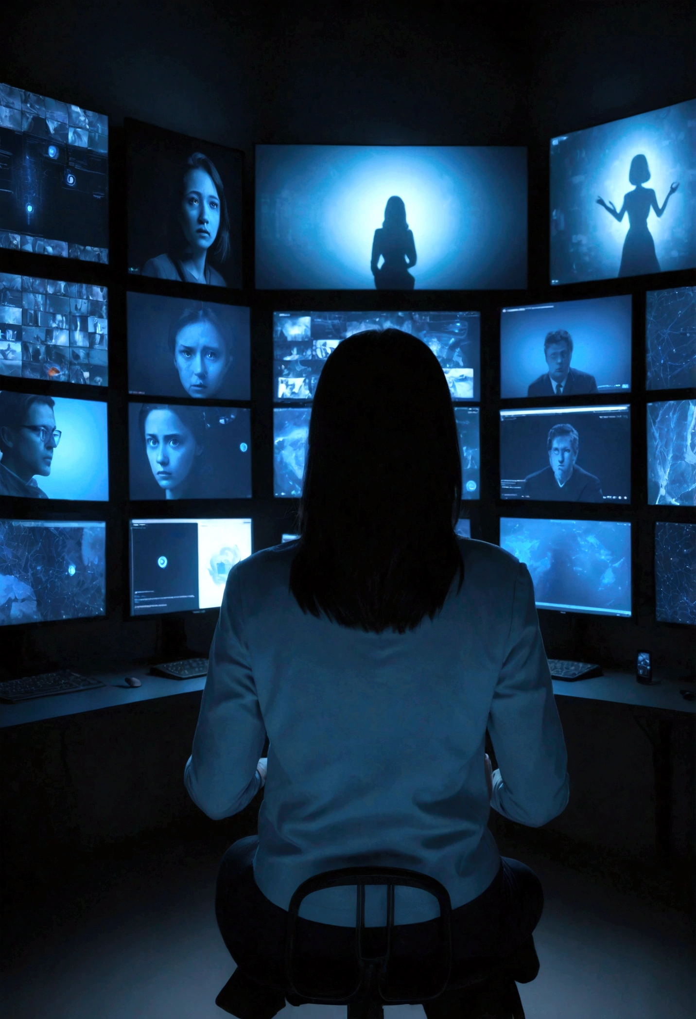 create image with a dark room where a person is sitting in front of multiple computer screens. Each screen displays different social networks and news, all controlled by algorithms that manipulate information and opinions. The person's face is illuminated by the blue light of the screens, with an expression of confusion and despair. Behind her, a menacing AI shadow is projected on the wall, symbolizing her invisible control.
Key elements: Dark room, multiple computer screens, social media, information manipulation, blue light, expression of confusion, AI shadow.