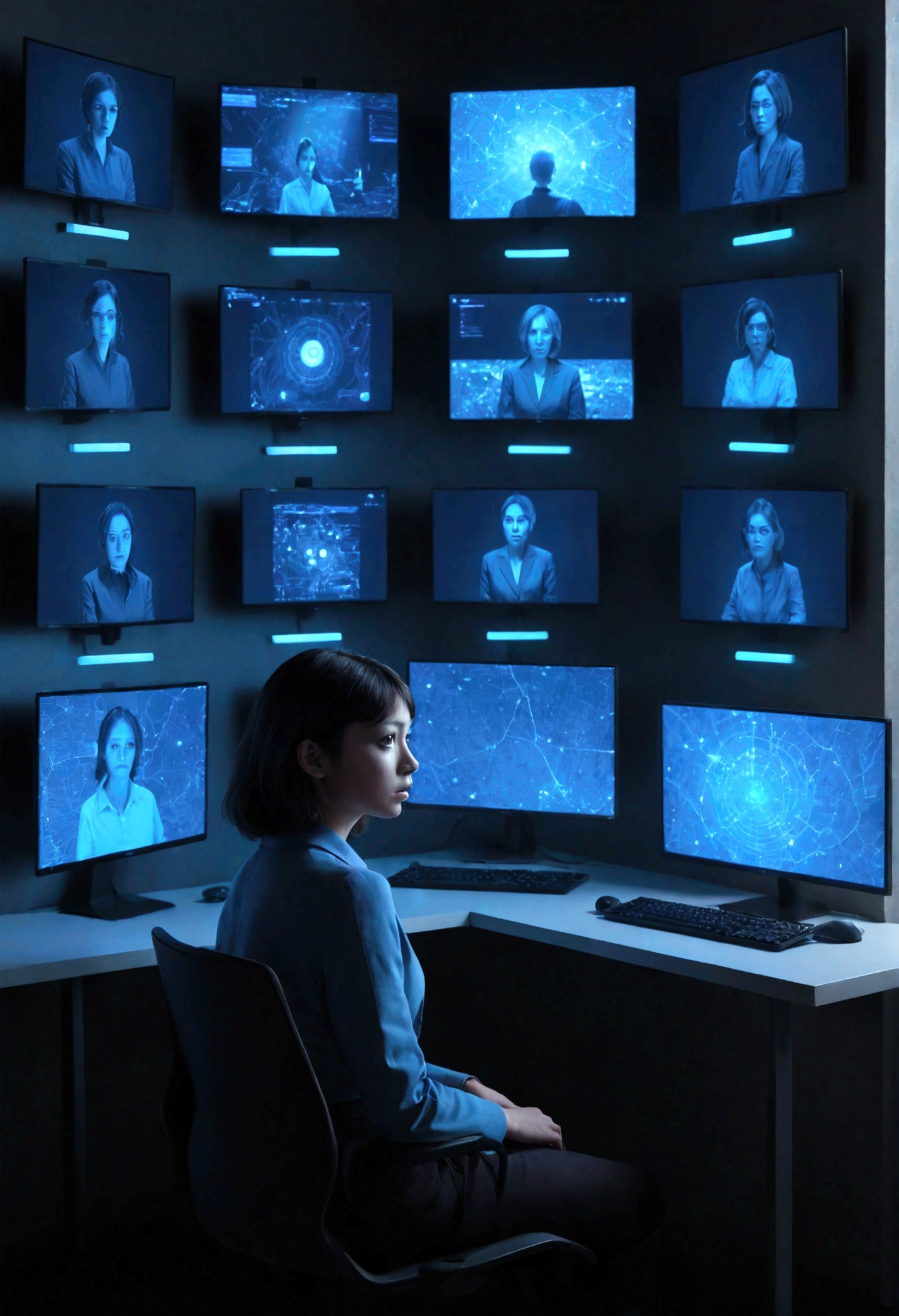 create image with a dark room where a person is sitting in front of multiple computer screens. Each screen displays different social networks and news, all controlled by algorithms that manipulate information and opinions. The person's face is illuminated by the blue light of the screens, with an expression of confusion and despair. Behind her, a menacing AI shadow is projected on the wall, symbolizing her invisible control.
Key elements: Dark room, multiple computer screens, social media, information manipulation, blue light, expression of confusion, AI shadow.