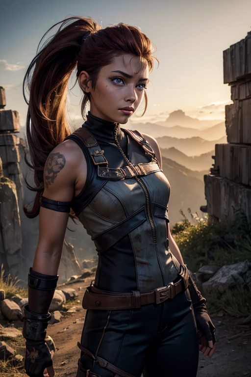 
iliaamitola, ilia amitola, long hair, blue eyes, brown hair, ponytail, dark skin, dark-skinned female, BREAK bare shoulders, bodysuit, BREAK city ruins on hill, in valley, mountains in background, waterfall, crowd, (crowd in military dress), post-apocalypse, dystopian future, crowd, (crowd in military uniforms), (volumetric lighting), best quality, masterpiece, intricate details, tonemapping, sharp focus, hyper detailed, BREAK looking at viewer, (cowboy shot:1.5), BREAK (masterpiece:1.2), best quality, high resolution, unity 8k wallpaper, (illustration:0.8), (beautiful detailed eyes:1.6), extremely detailed face, perfect lighting, extremely detailed CG, (perfect hands, perfect anatomy), 
