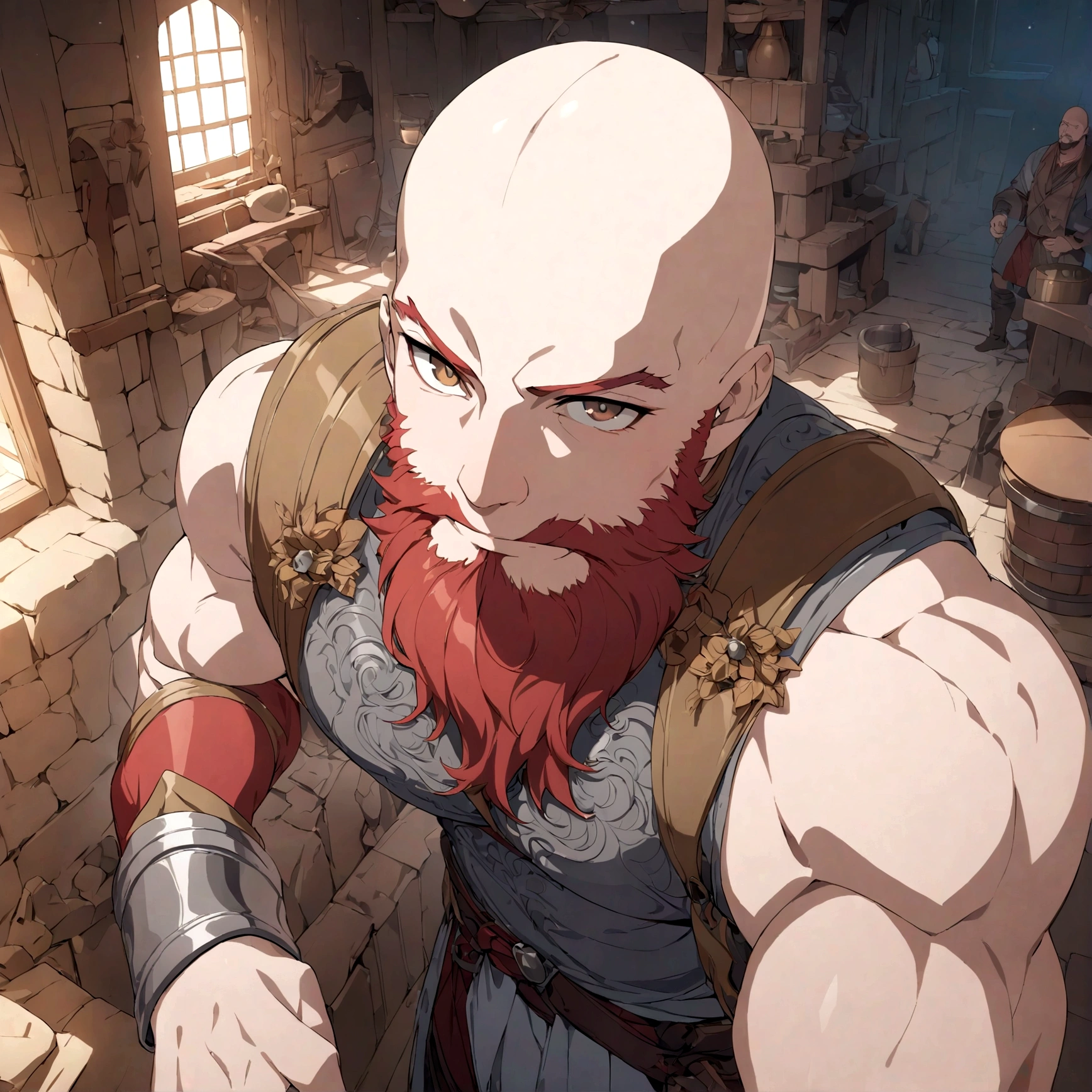 (masterpiece, 32k, 8k, maximum graphics, detailed image, vivid and detailed eyes) a dwarf warrior, brown eyes, red beard, bald shiny head, confident expression, warrior, blacksmith setting, (ultra detailed photo)