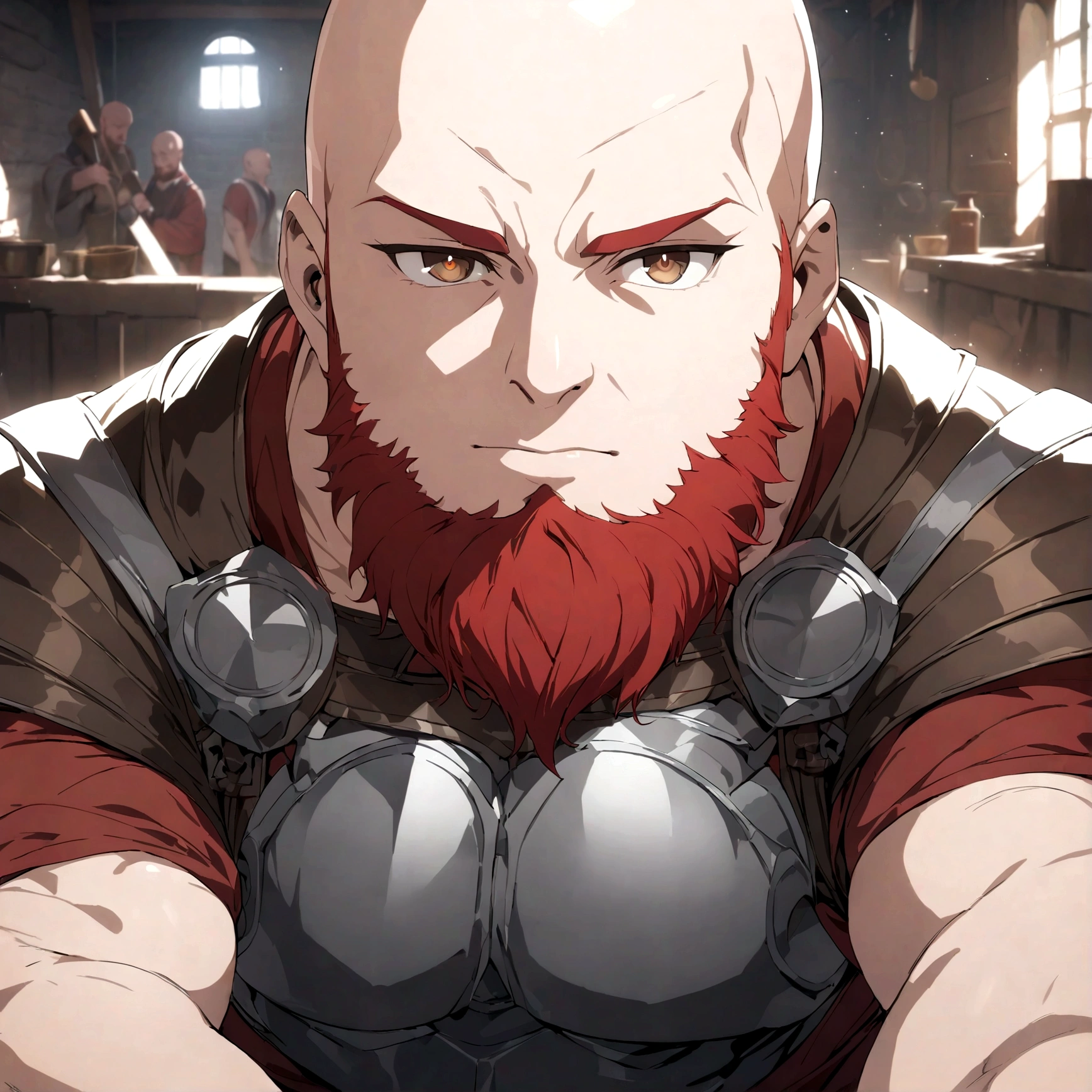 (masterpiece, 32k, 8k, maximum graphics, detailed image, vivid and detailed eyes) a dwarf warrior, brown eyes, red beard, bald shiny head, confident expression, warrior, blacksmith setting, (ultra detailed photo)