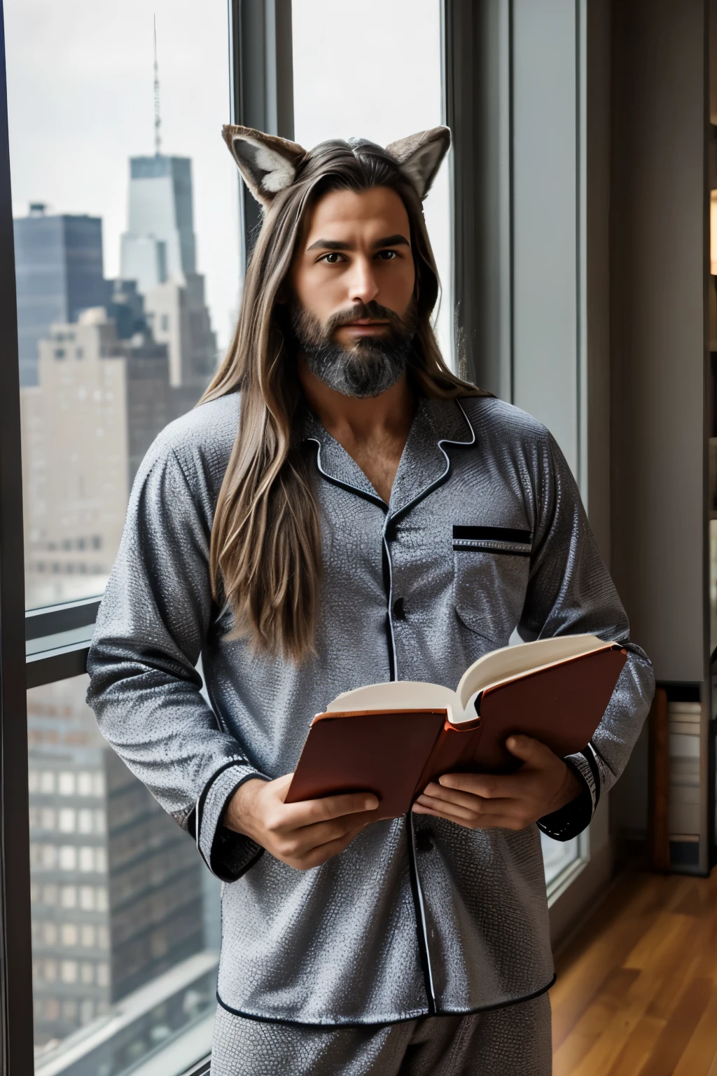 a strong young man with gray long hair and a gray beard and he has a wolf ears. also he wears a Christmas pajamas and he's reading a book of quantum mechanic. he stands next to long windows top on 12th floor in NY.