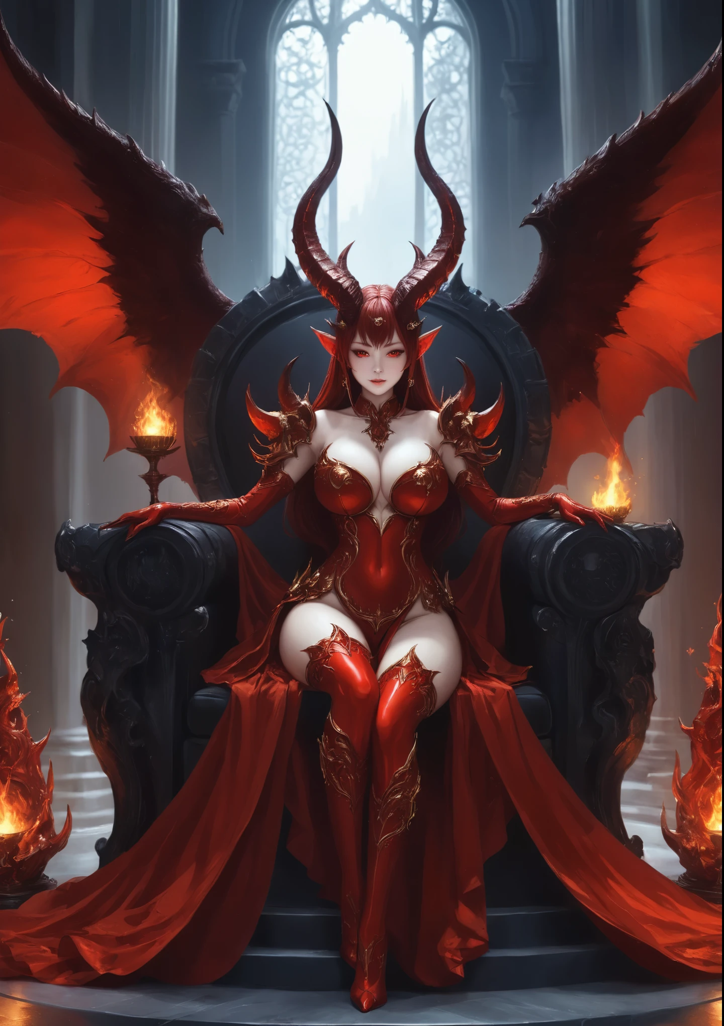 (High quality, 8ก, 4k, Highly detailed, high contrast, Masterpiece:1.2,High quality, The best aesthetics), ((1 female)), devilแสนสวย, light shining above , Red skin, big breasts, , devil horns, see the whole body ;wing, wingที่ตั้งต่ำ, sitting on a golden throne, , devil, Impressive fantasy artwork,  Very detailed illustrations.