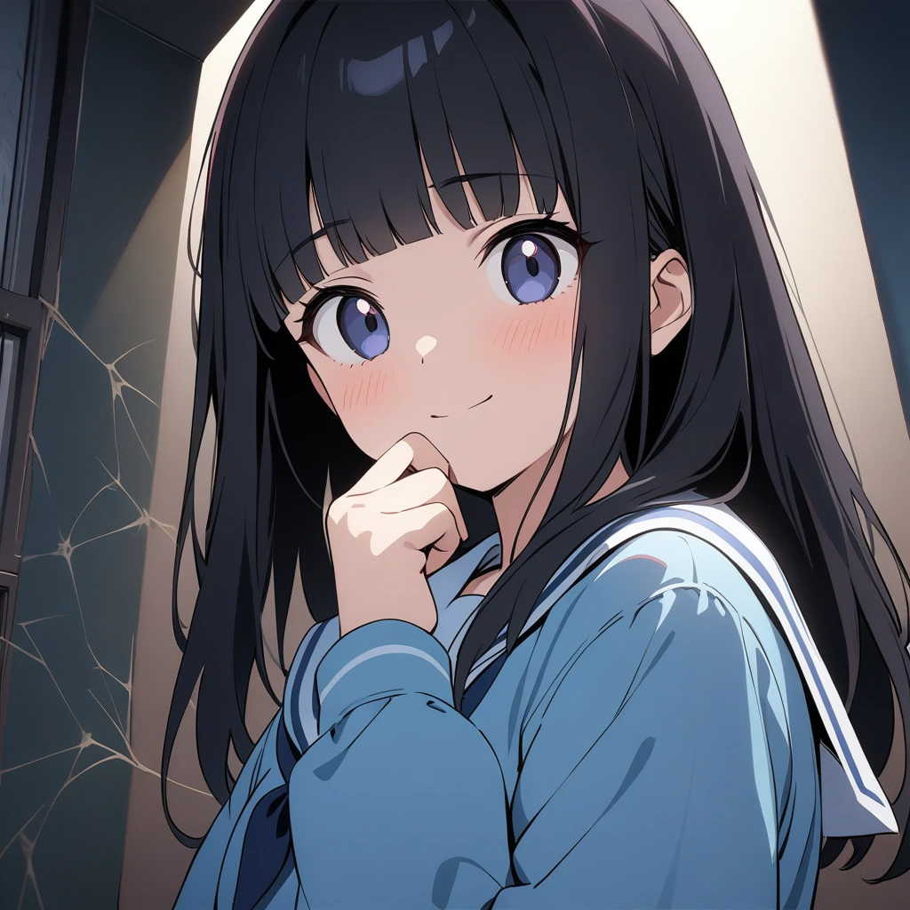 Best image quality,Best animation quality,((masterpiece)),High resolution,1080p,(Low - Angle),alone,Upper Body,(girl,(Close your mouth),A light smile,Very finely tidy hair,Black Hair,Neat bangs),Loose sailor suit,Hallway background,(Lots of cobwebs),dark気持ち,dark,(Horror)