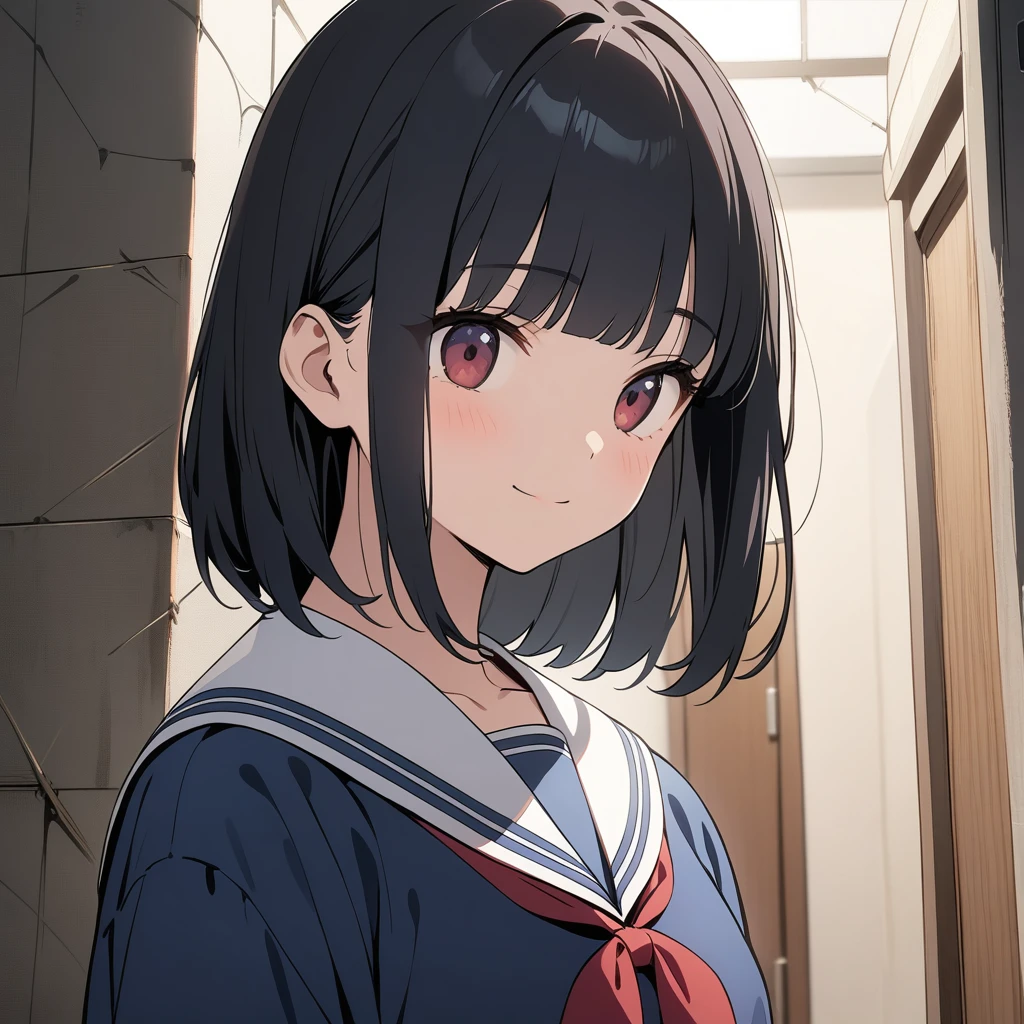 Best image quality,Best animation quality,((masterpiece)),High resolution,1080p,(Low - Angle),alone,Upper Body,(girl,(Close your mouth),A light smile,Very finely tidy hair,Black Hair,Neat bangs),Loose sailor suit,Hallway background,(Lots of cobwebs),dark気持ち,dark,(Horror)